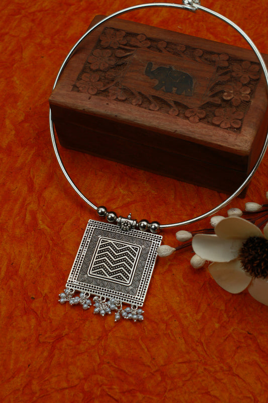 Oxidised German Silver Hansli Necklace with Square Tribal Pendant | Boho Statement Jewellery