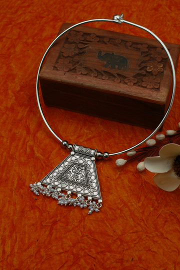 Oxidised German Silver Hansli Necklace with Filigree Triangle Pendant | Ethnic Statement Choker