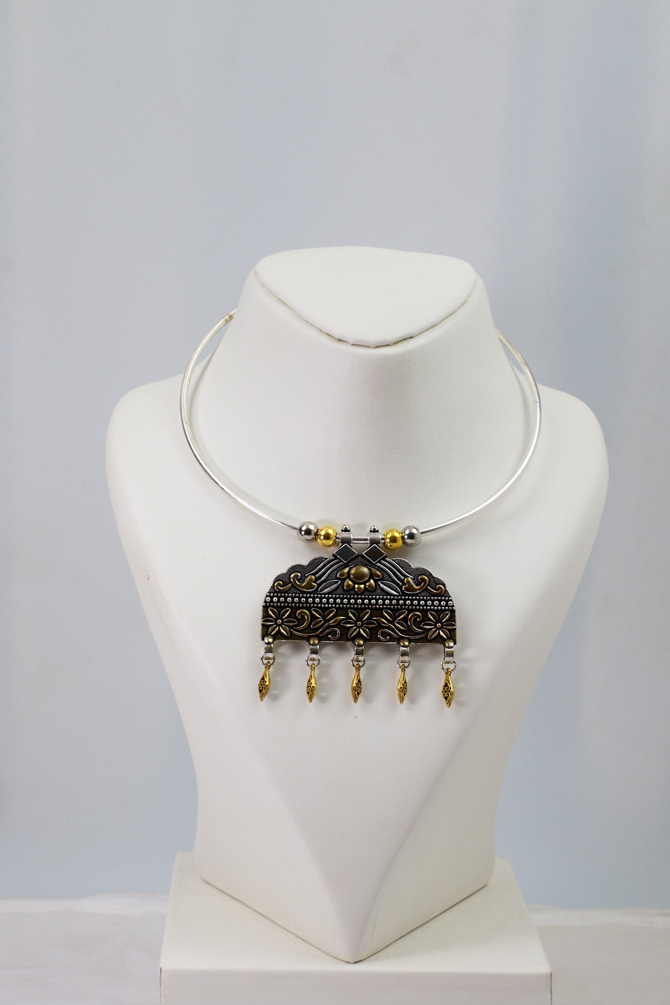 Dual Tone Oxidised German Silver Floral Temple Hansuli Necklace