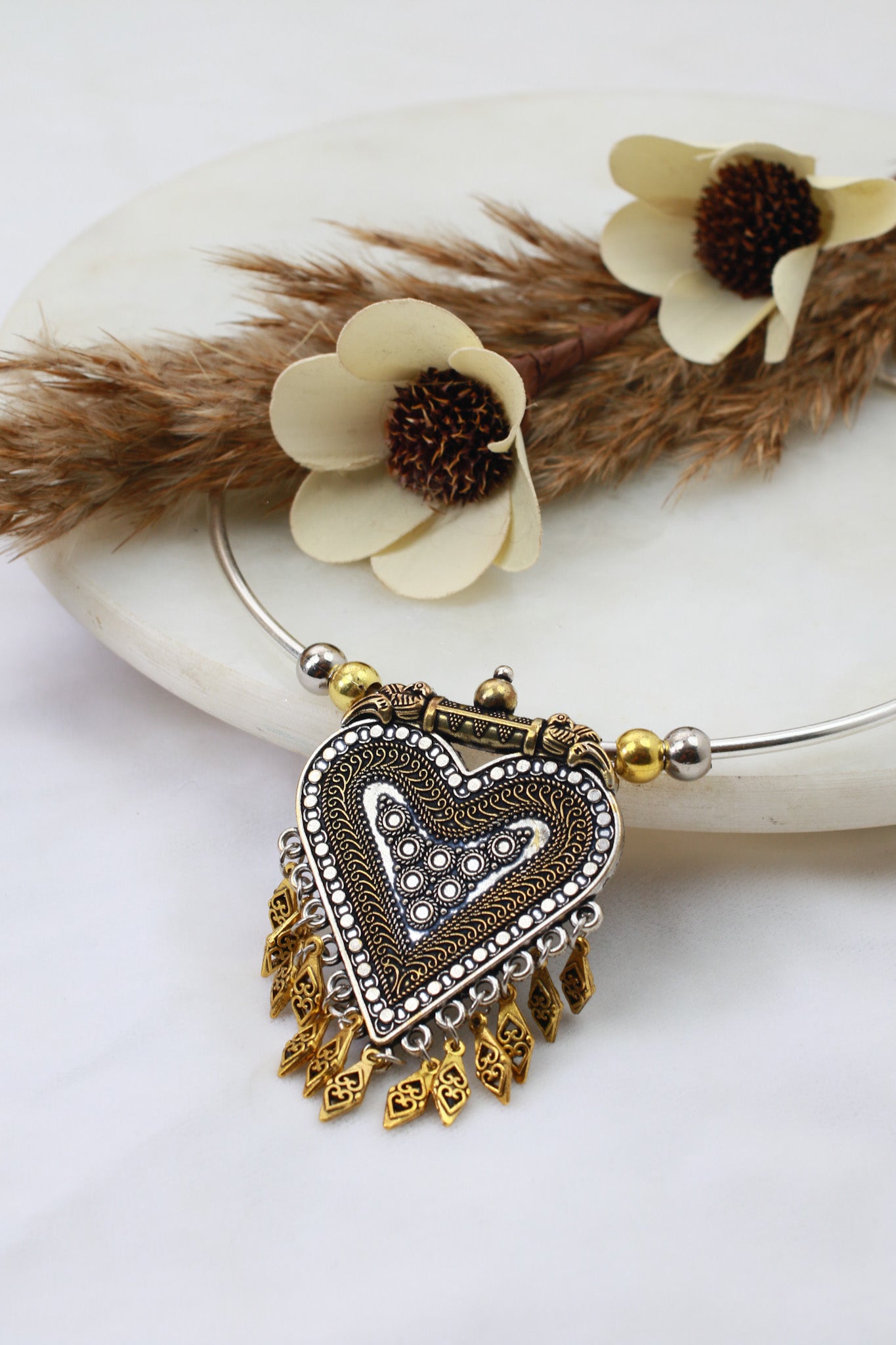 Dual Tone Oxidised German Silver Heart Hansuli Necklace for Women