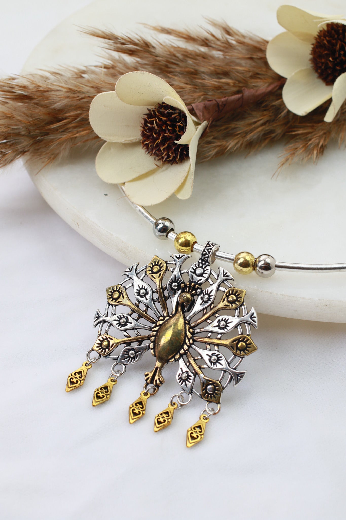 Dual Tone Oxidised German Silver Peacock Hansuli Necklace