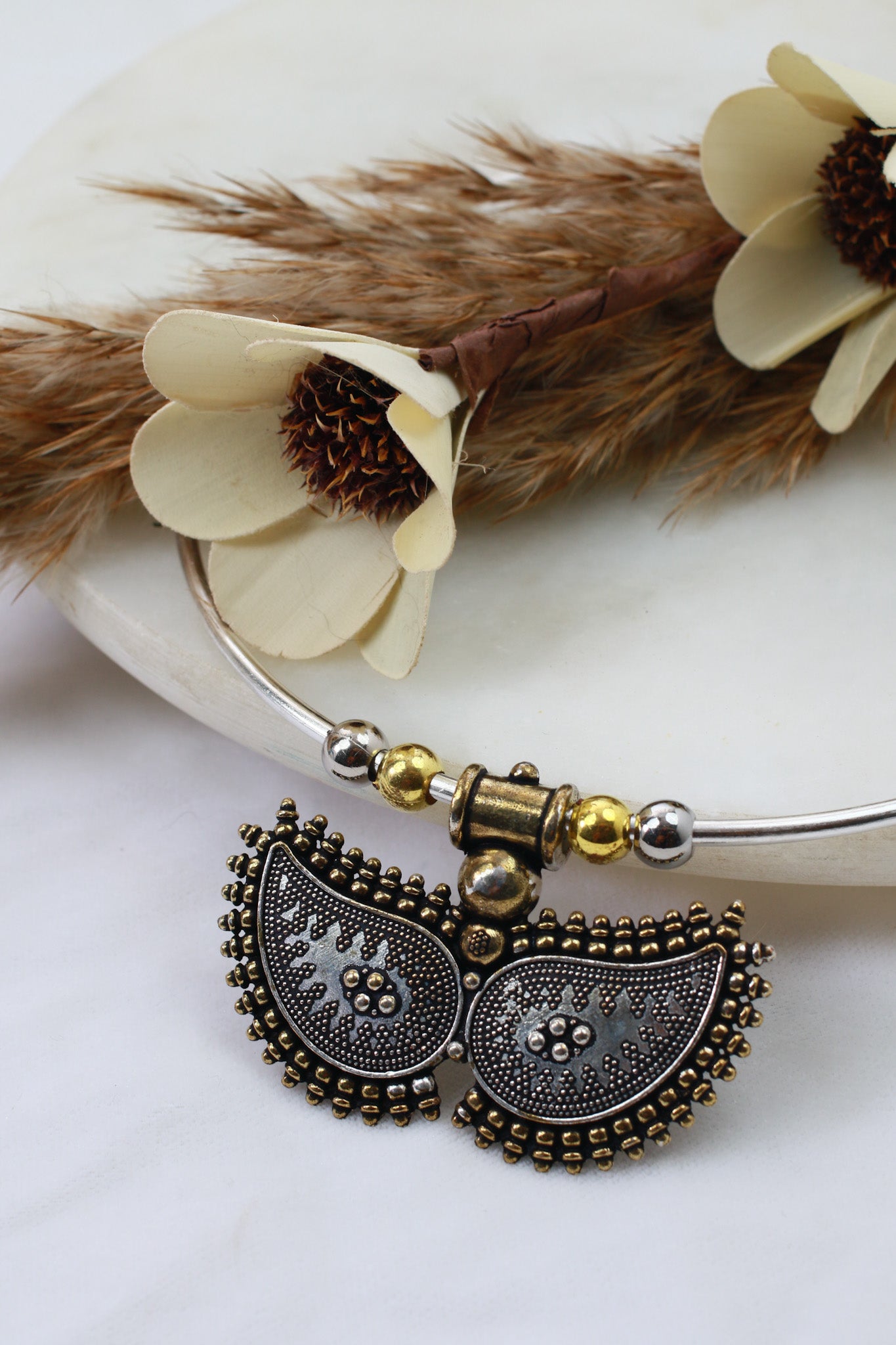 Dual Tone Oxidised German Silver Crescent Tribal Hansuli Necklace