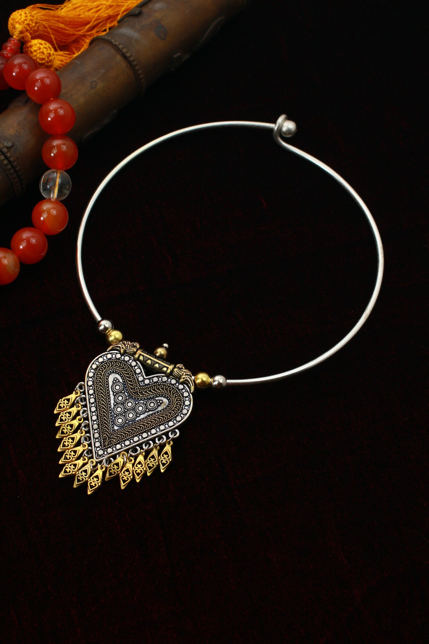 Dual Tone Oxidised German Silver Heart Hansuli Necklace for Women