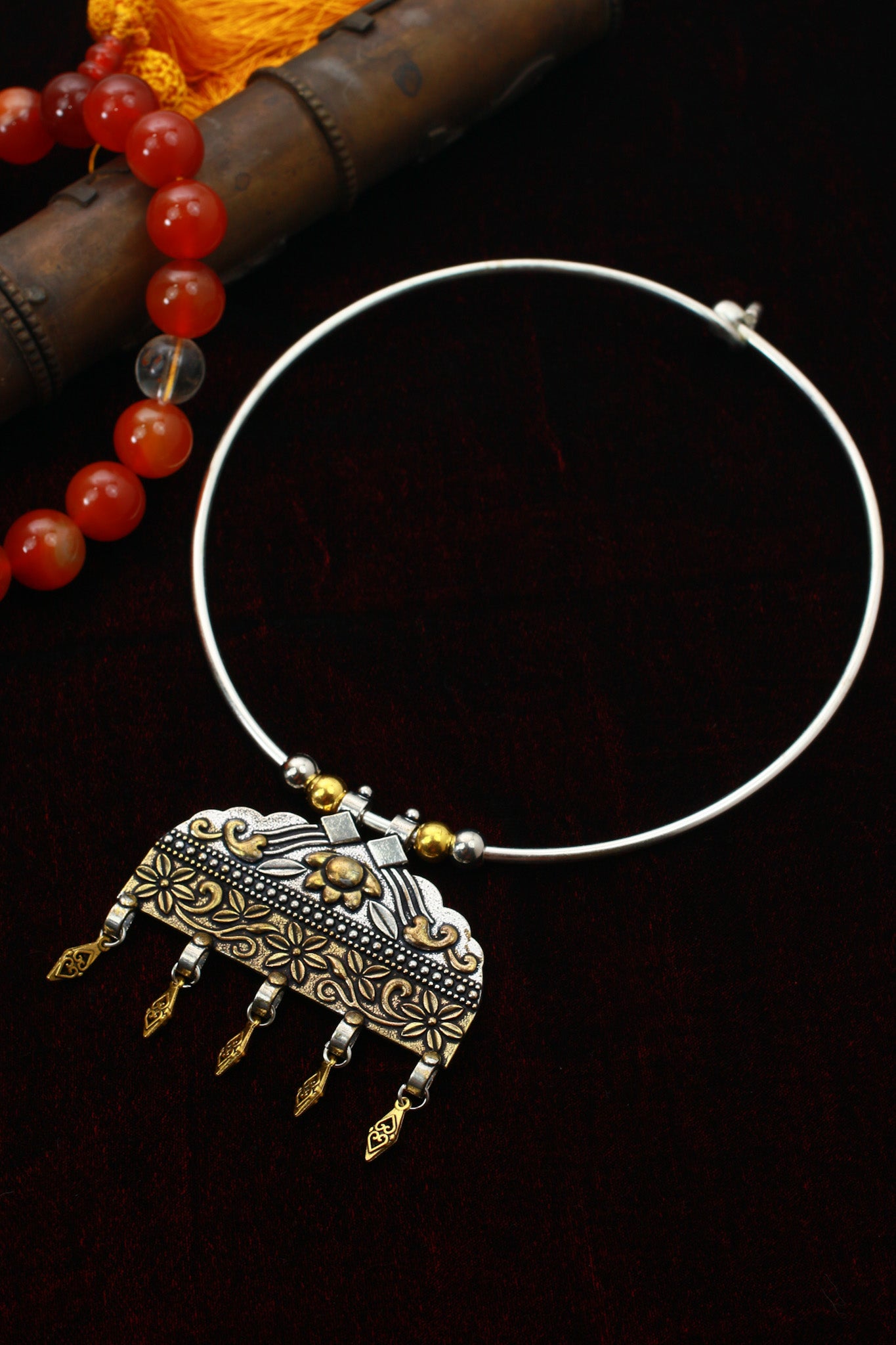 Dual Tone Oxidised German Silver Floral Temple Hansuli Necklace