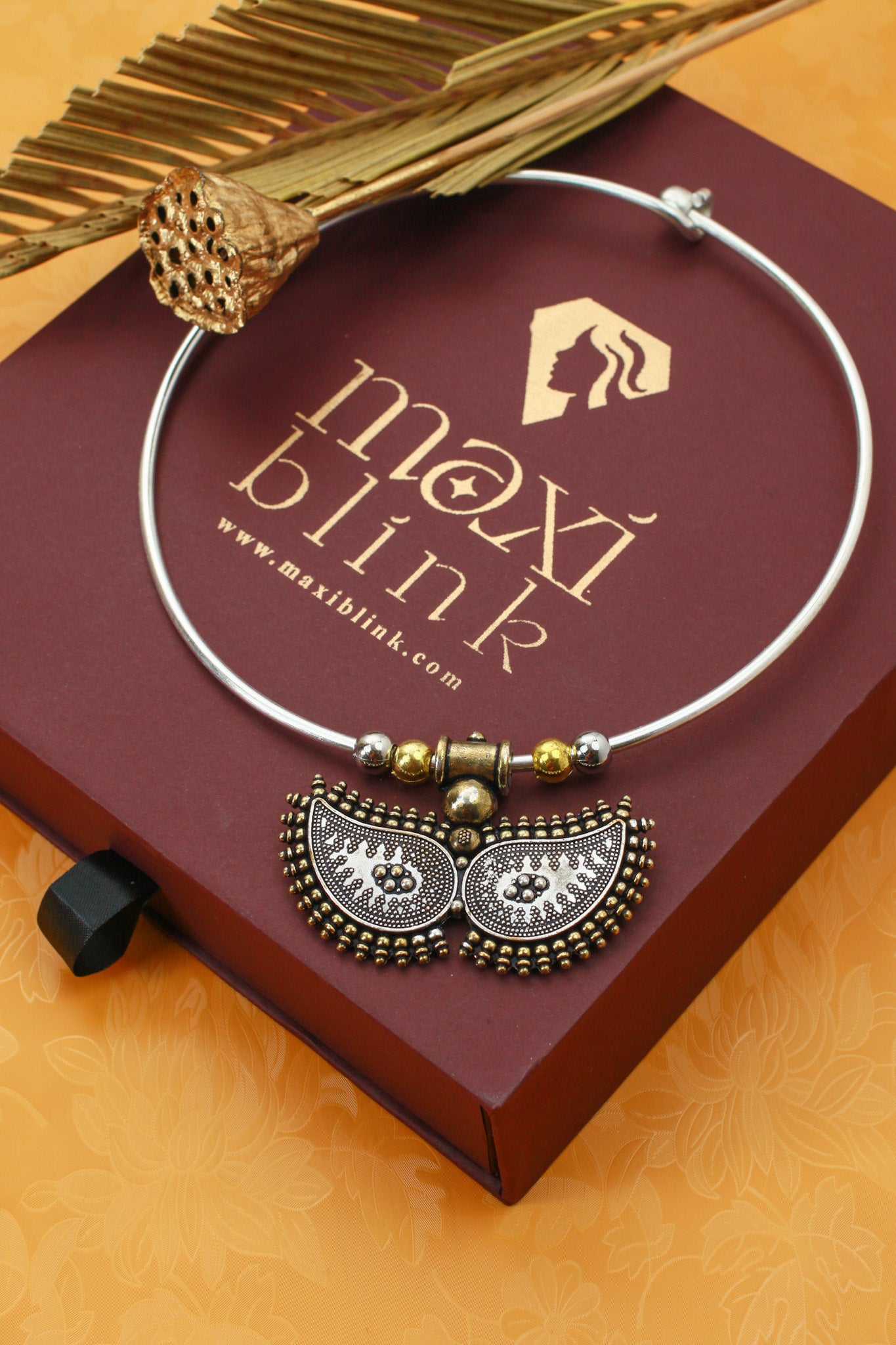 Dual Tone Oxidised German Silver Crescent Tribal Hansuli Necklace