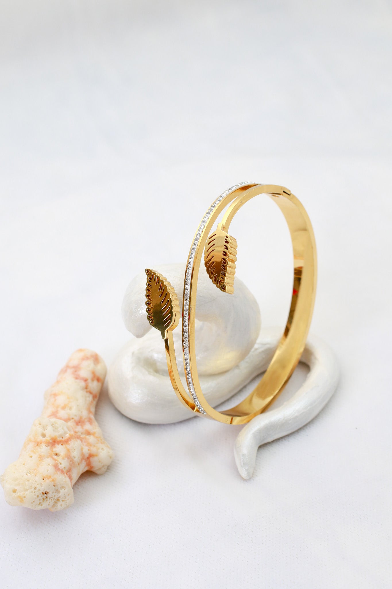 Anti-Tarnish Gold Leaf Dual-Band Cuff Bracelet – Stainless Steel with CZ Detailing