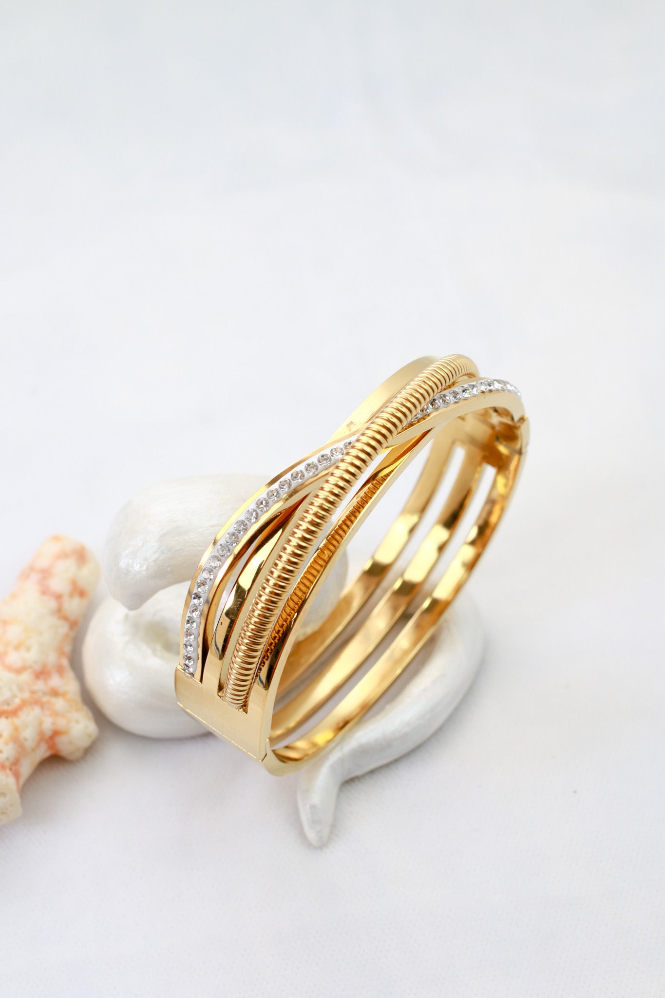 Anti-Tarnish Gold Multi-Layer Textured Cuff Bracelet – Stainless Steel with CZ Accents