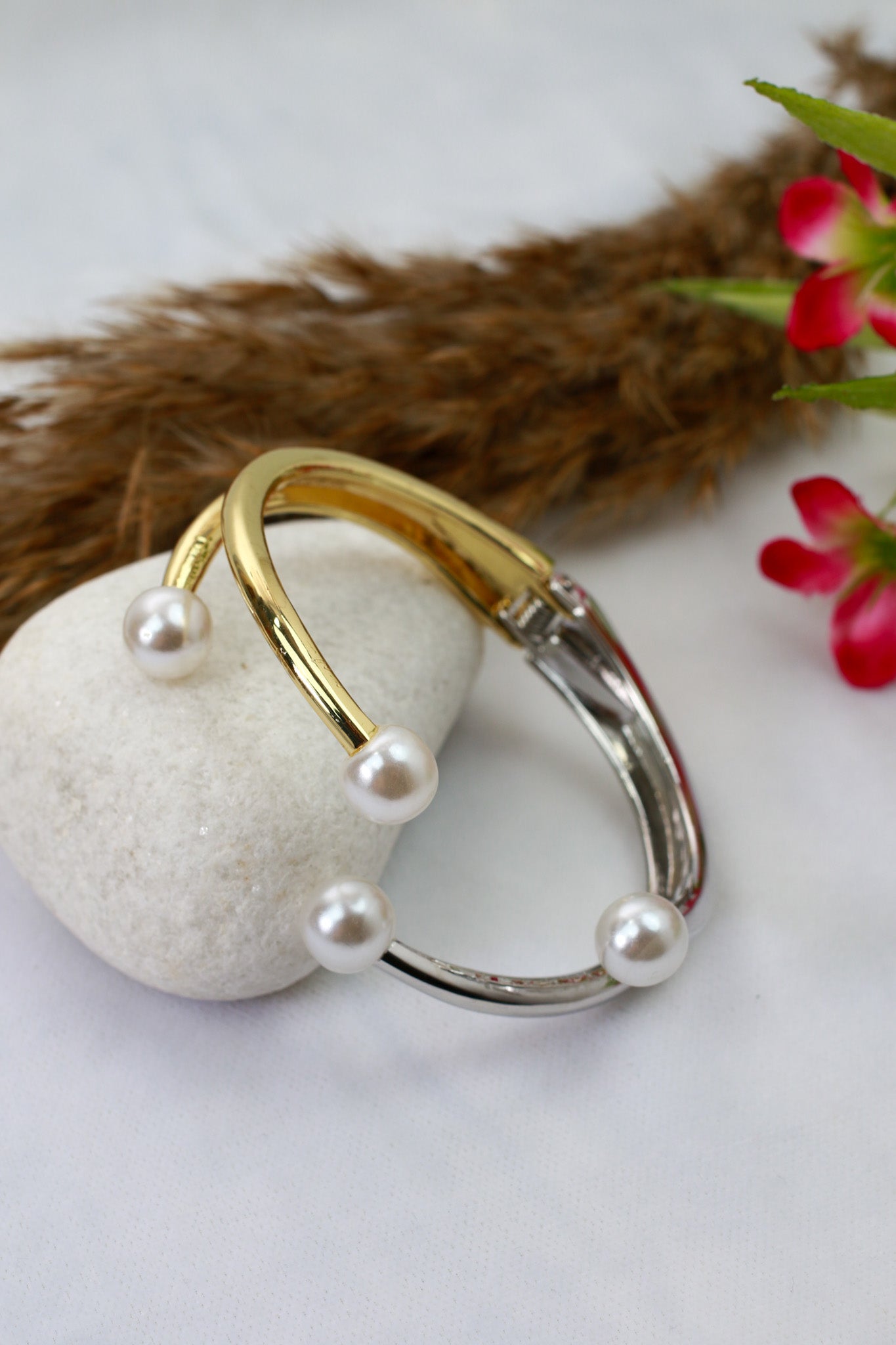 Anti-Tarnish Two-Tone Pearl Accent Cuff Bracelet – Stainless Steel Modern Design