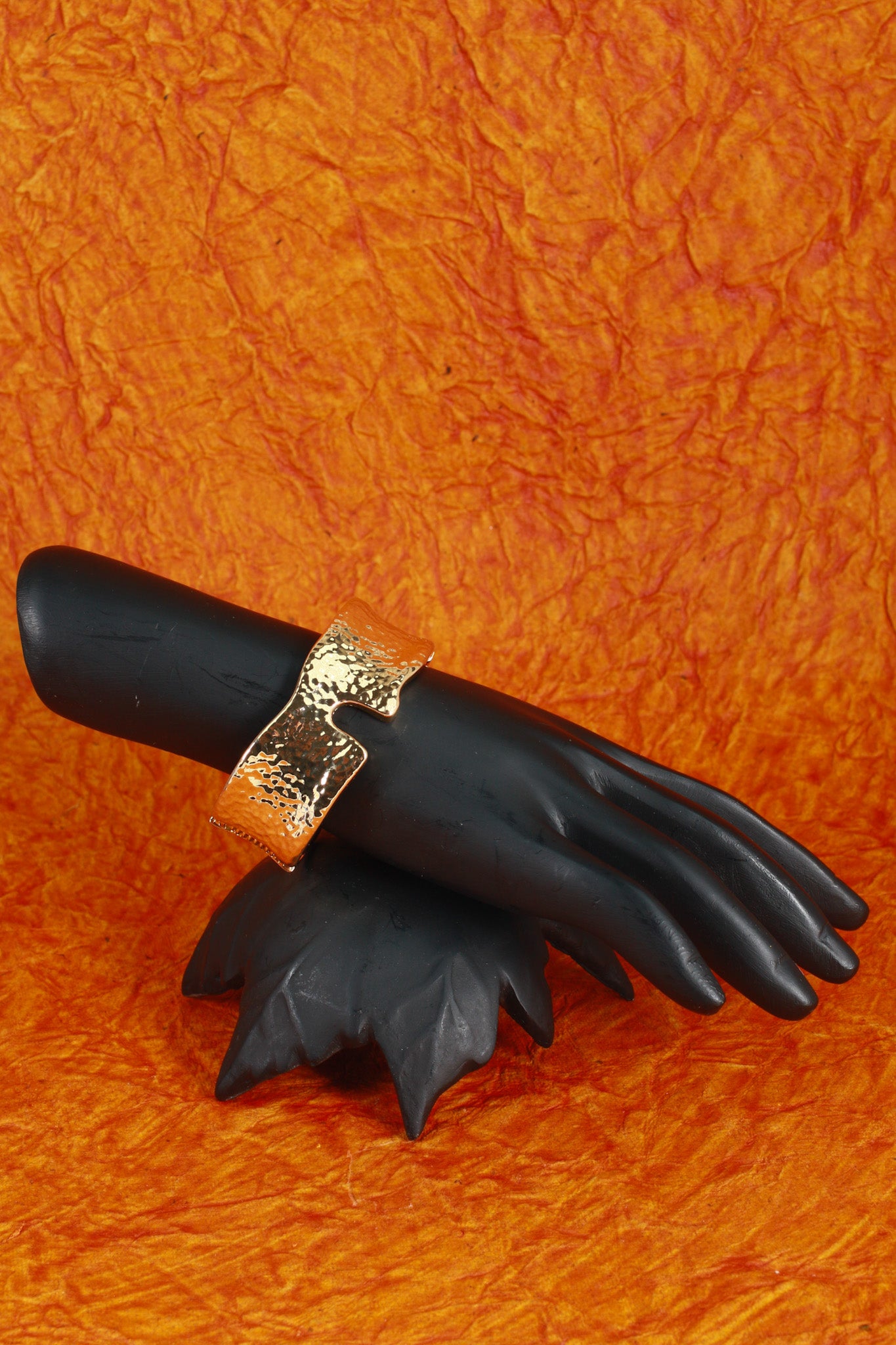 Anti-Tarnish Gold Hammered Sculptural Cuff Bracelet – Bold Textured Design