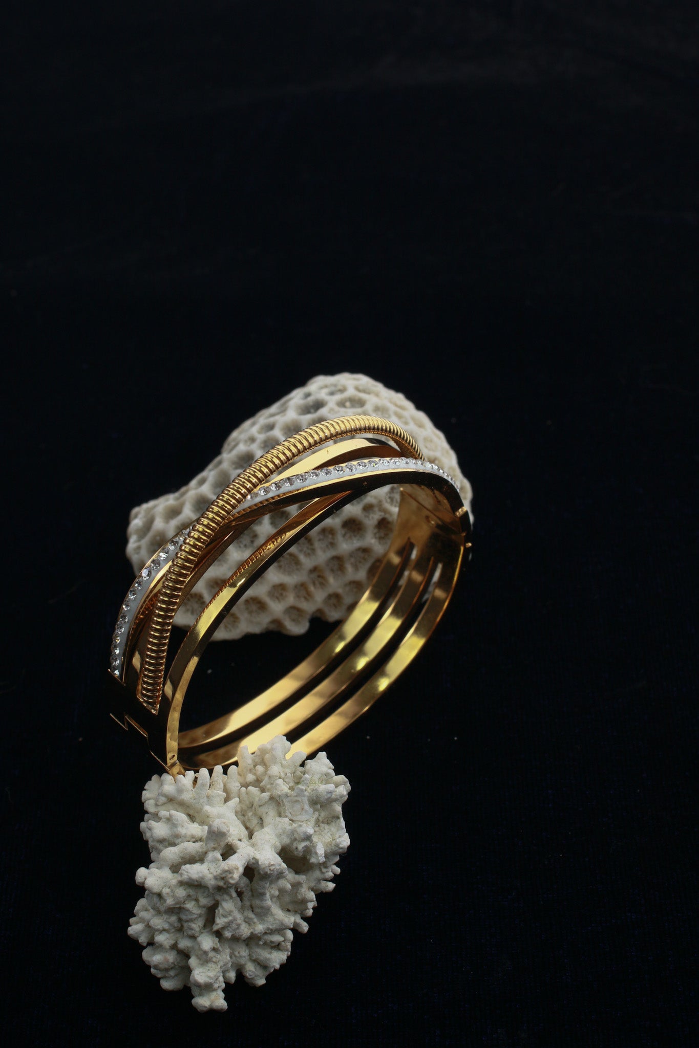 Anti-Tarnish Gold Multi-Layer Textured Cuff Bracelet – Stainless Steel with CZ Accents