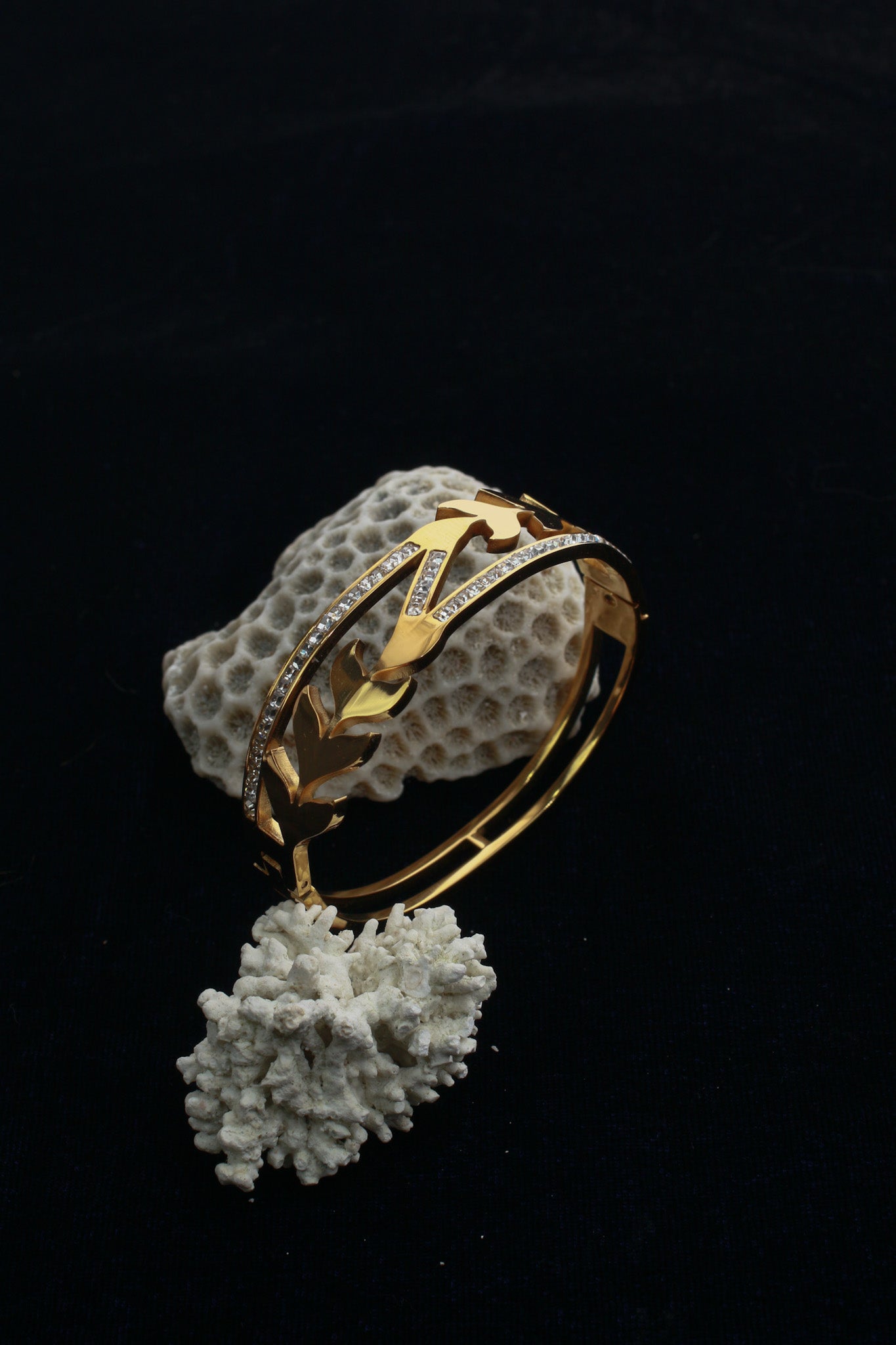 Anti-Tarnish Gold Leaf Vine Cuff Bracelet – Stainless Steel with CZ Detailing