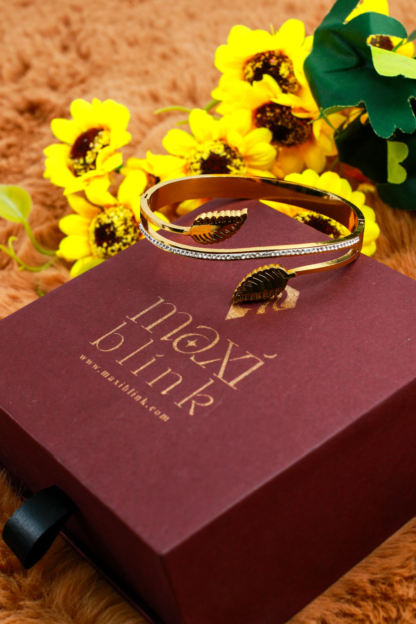 Anti-Tarnish Gold Leaf Dual-Band Cuff Bracelet – Stainless Steel with CZ Detailing