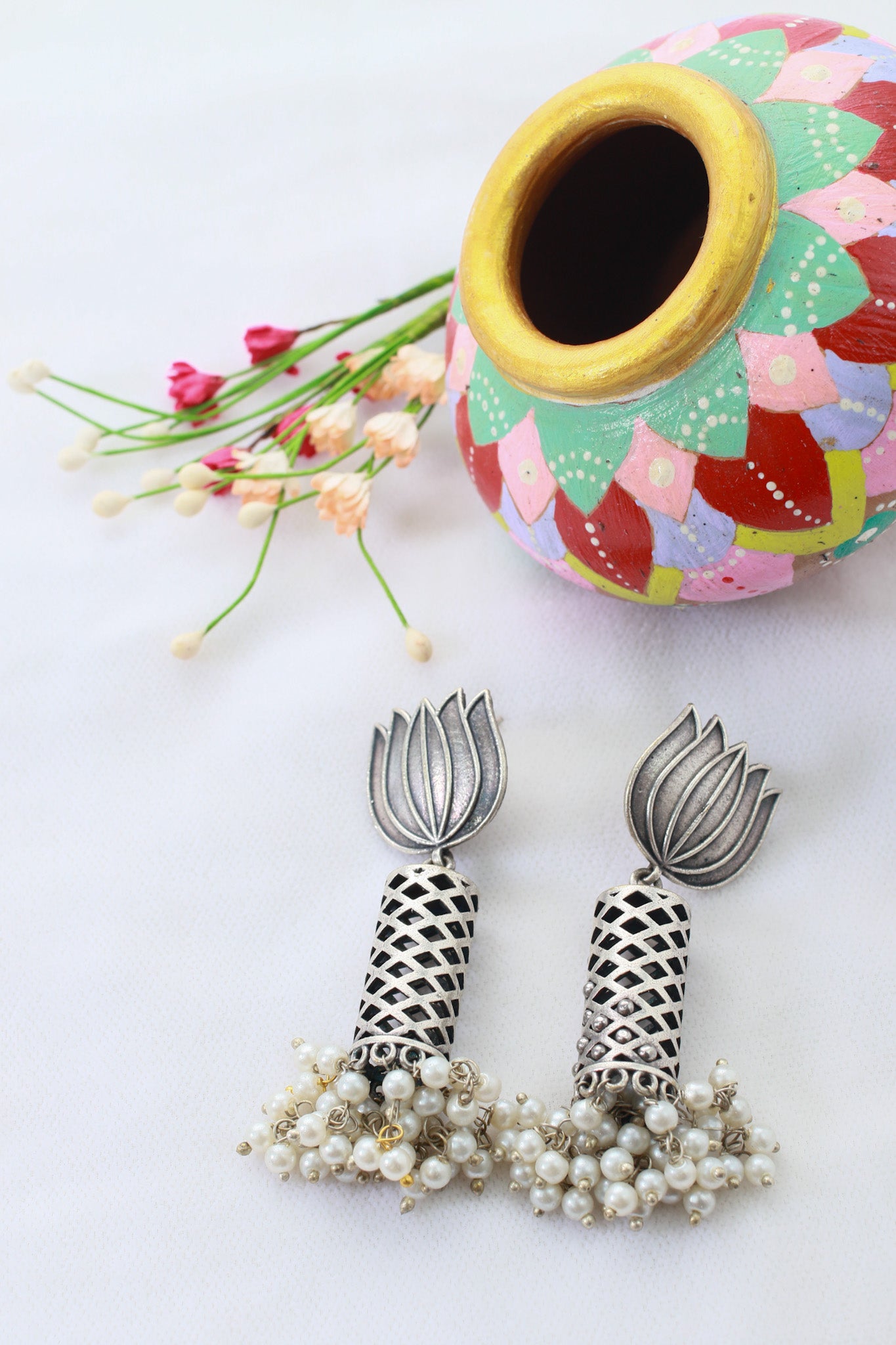 Lotus Oxidised German Silver Jhumka Earrings with Pearl Cluster Drops | Antique Finish Earrings