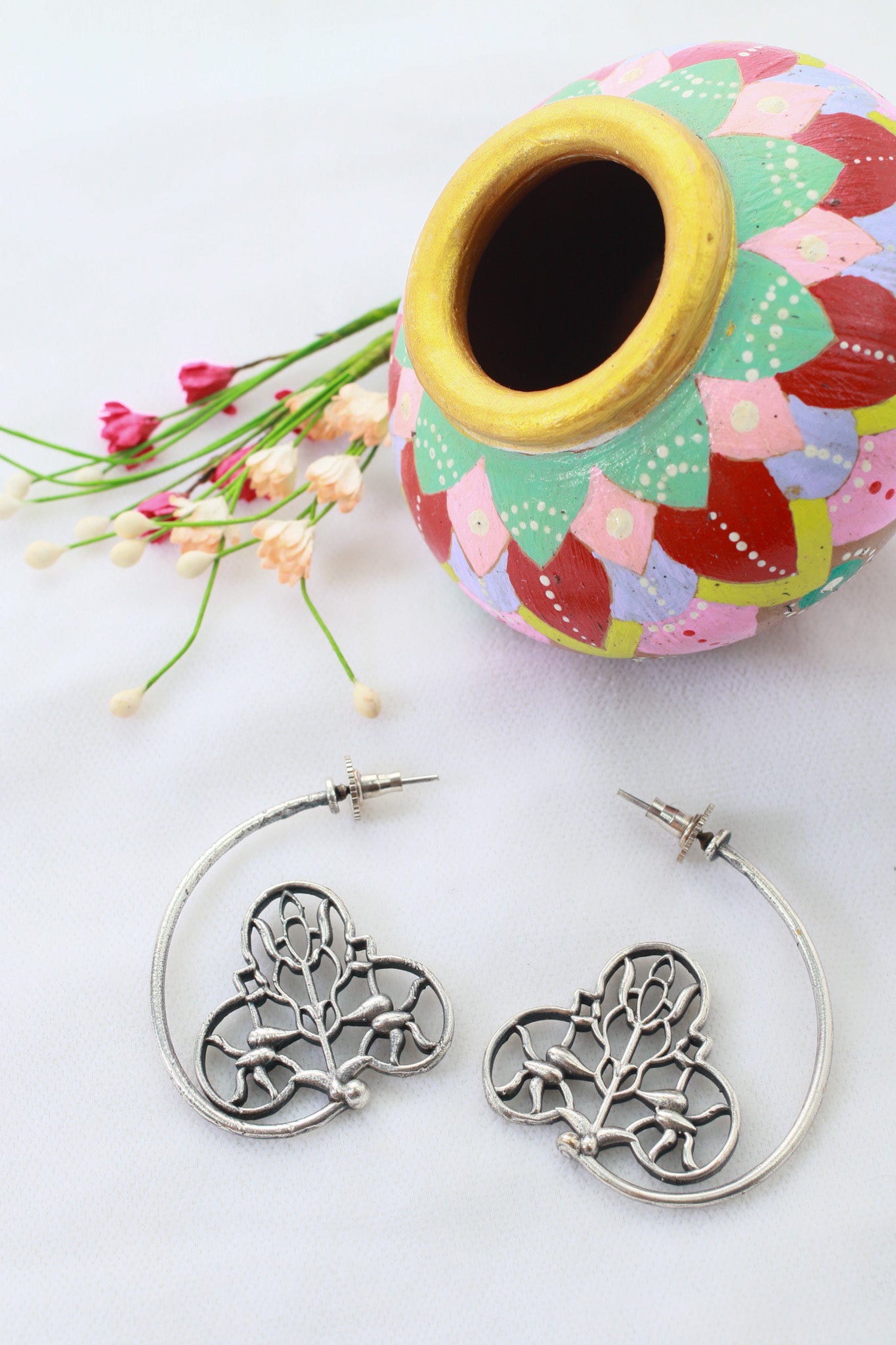 Floral Filigree Crescent Oxidised German Silver Earrings | Artistic Antique Statement Earrings