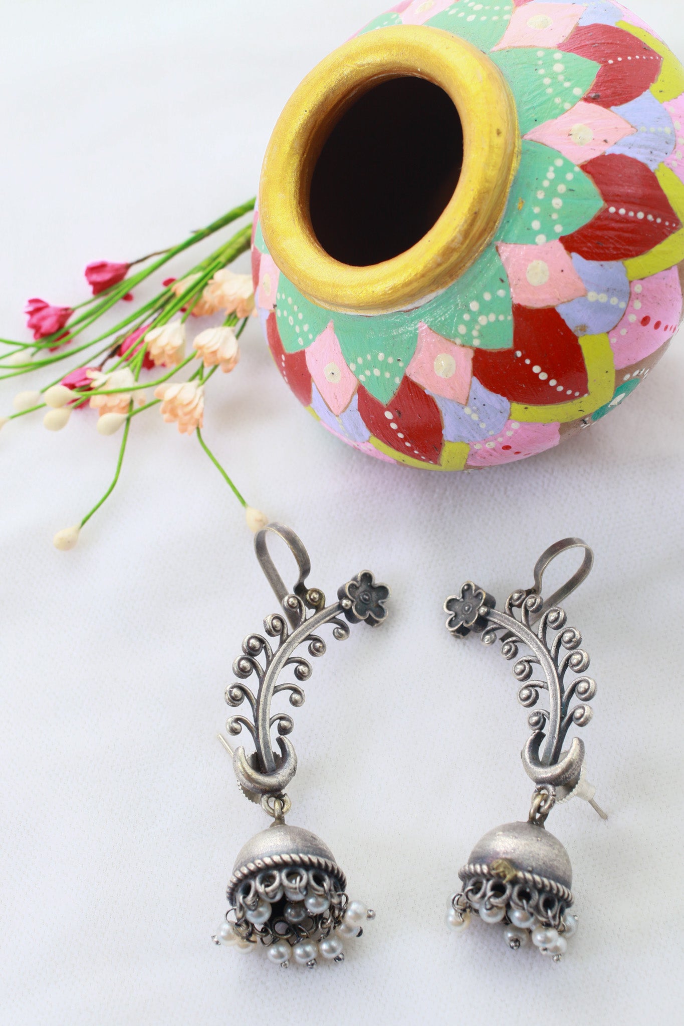 Floral Curve Oxidised German Silver Ear Cuff with Pearl Jhumka | Long Ethnic Ear Cuff