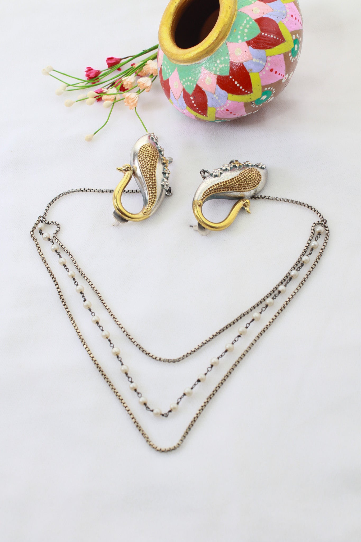 Dual Tone Peacock Oxidised German Silver Ear Cuff with Multi-Layer Chains | Statement Festive Ear Cuff