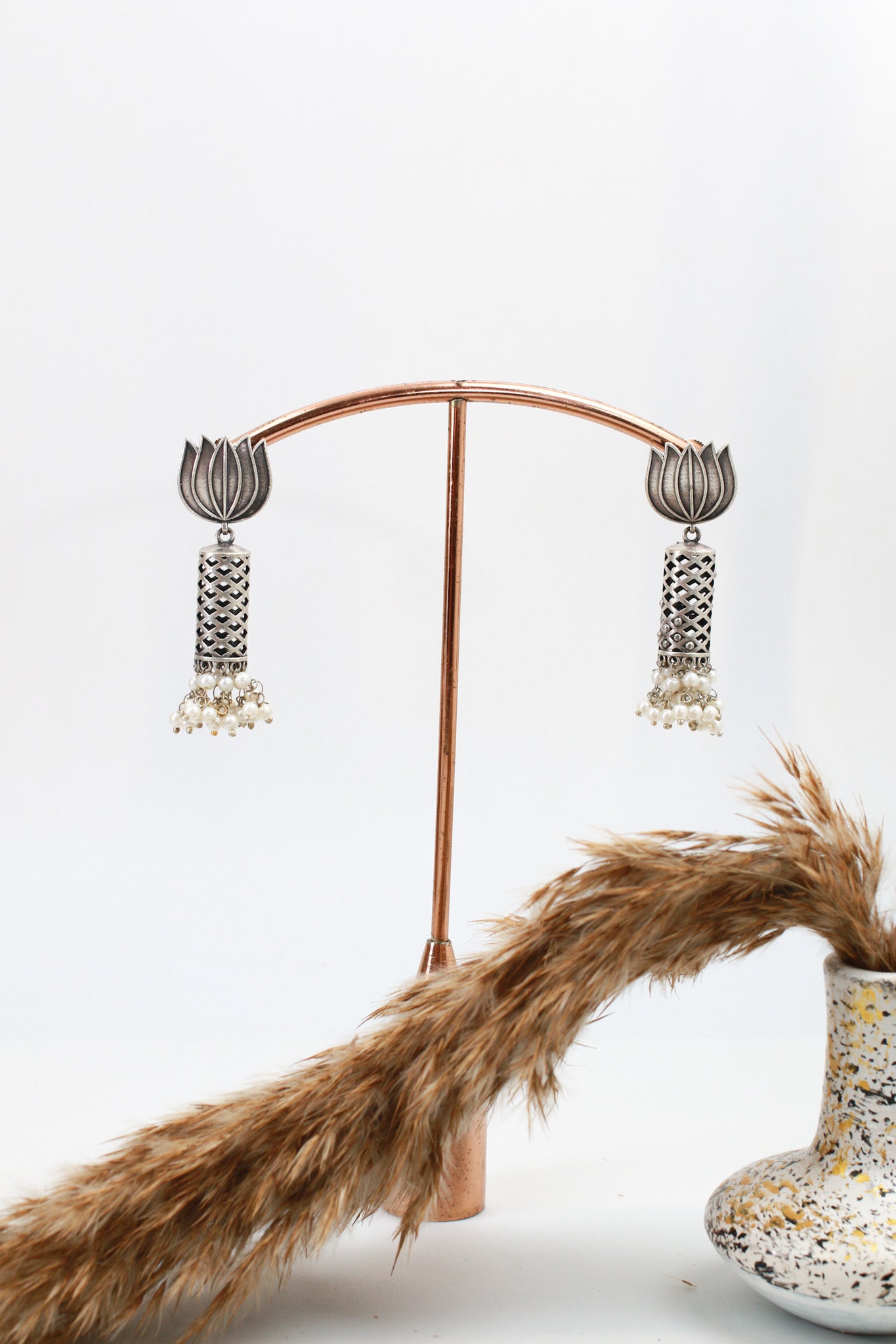 Lotus Oxidised German Silver Jhumka Earrings with Pearl Cluster Drops | Antique Finish Earrings