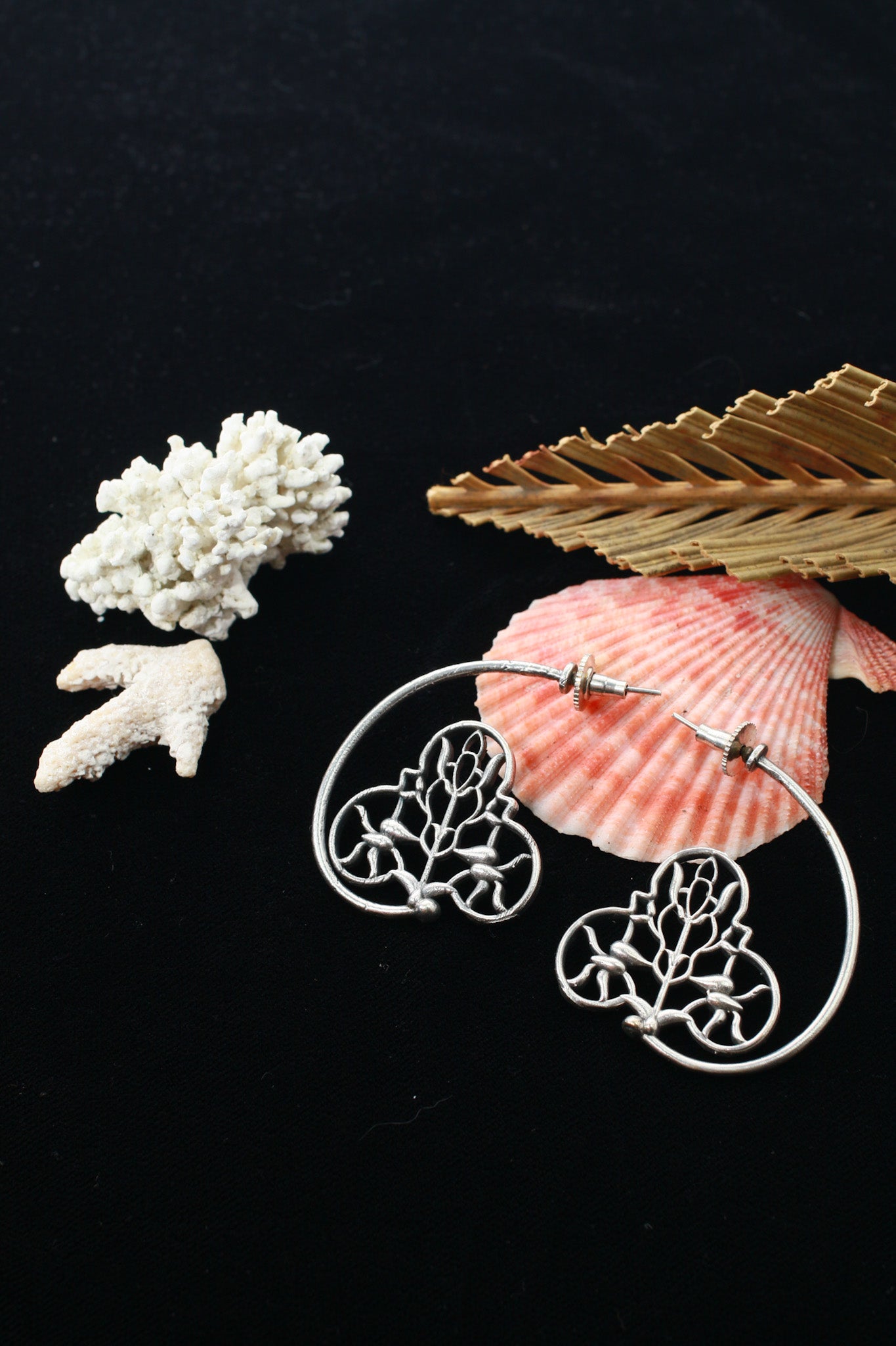 Floral Filigree Crescent Oxidised German Silver Earrings | Artistic Antique Statement Earrings