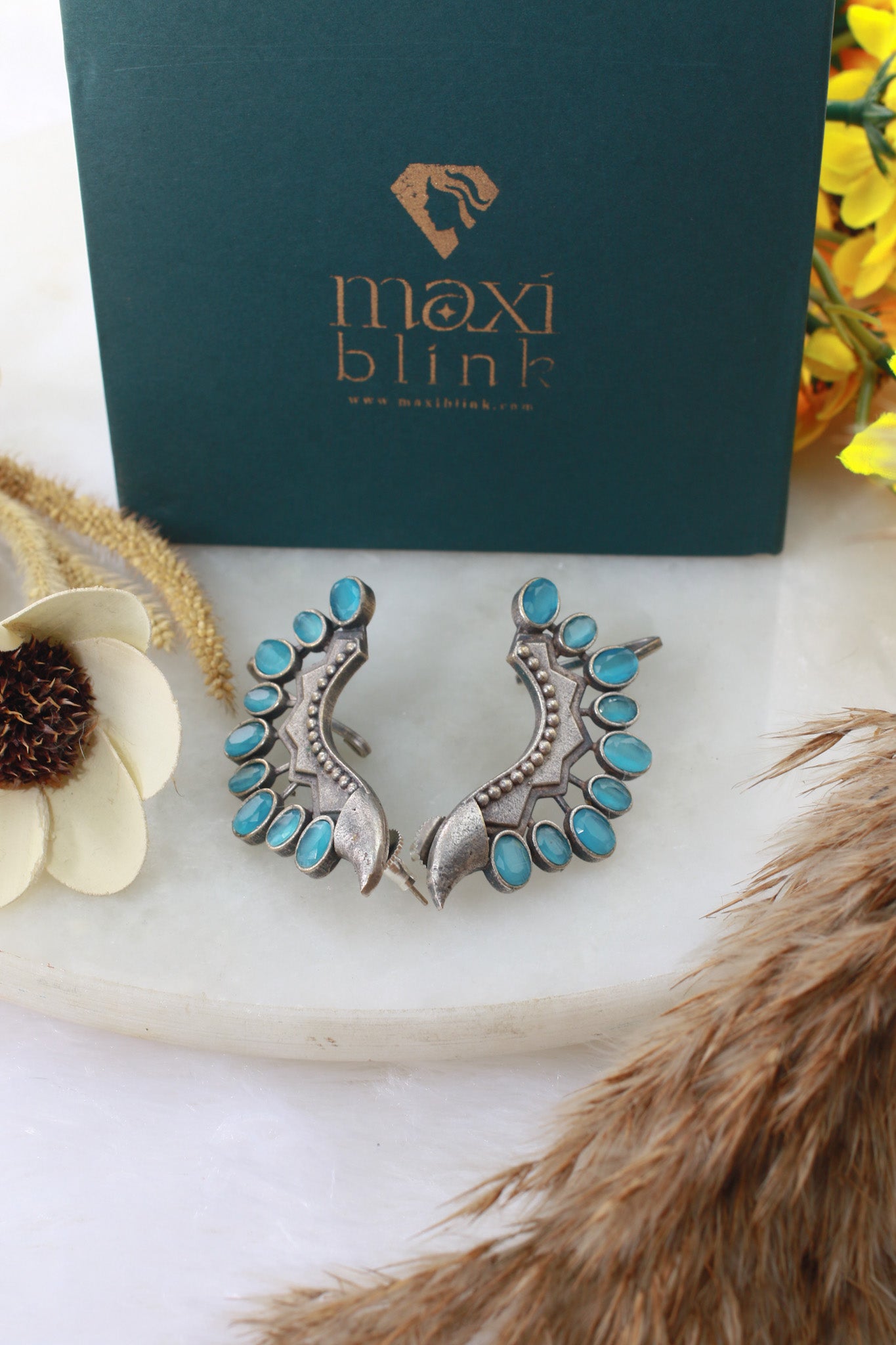 Turquoise Monalisa Stone Crescent Oxidised German Silver Earrings | Ethnic Statement Jewellery