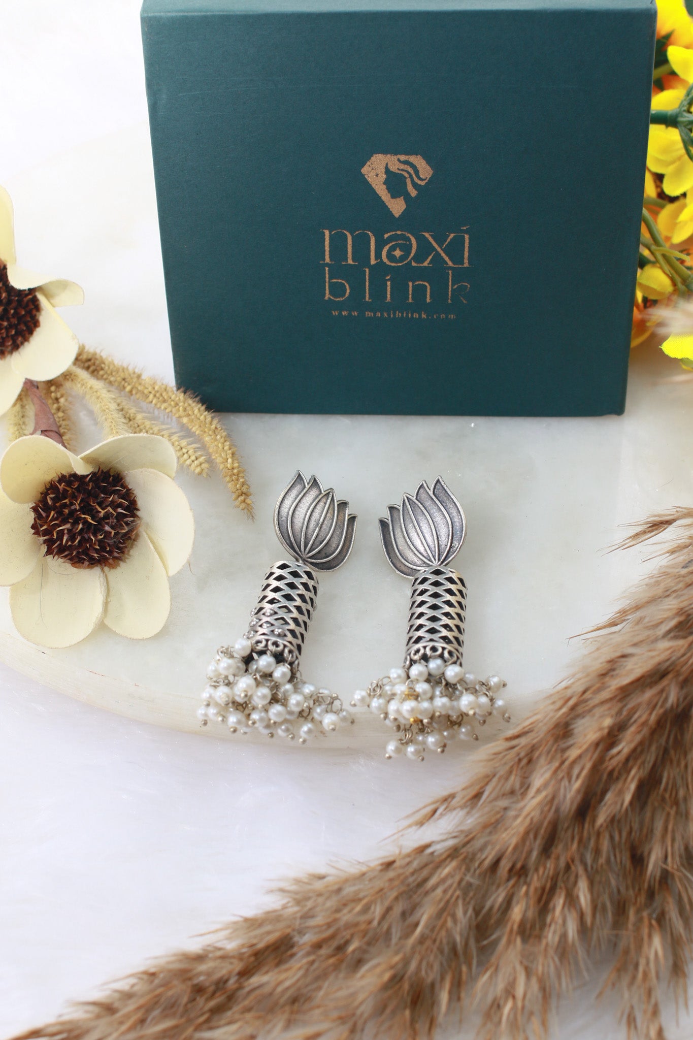 Lotus Oxidised German Silver Jhumka Earrings with Pearl Cluster Drops | Antique Finish Earrings