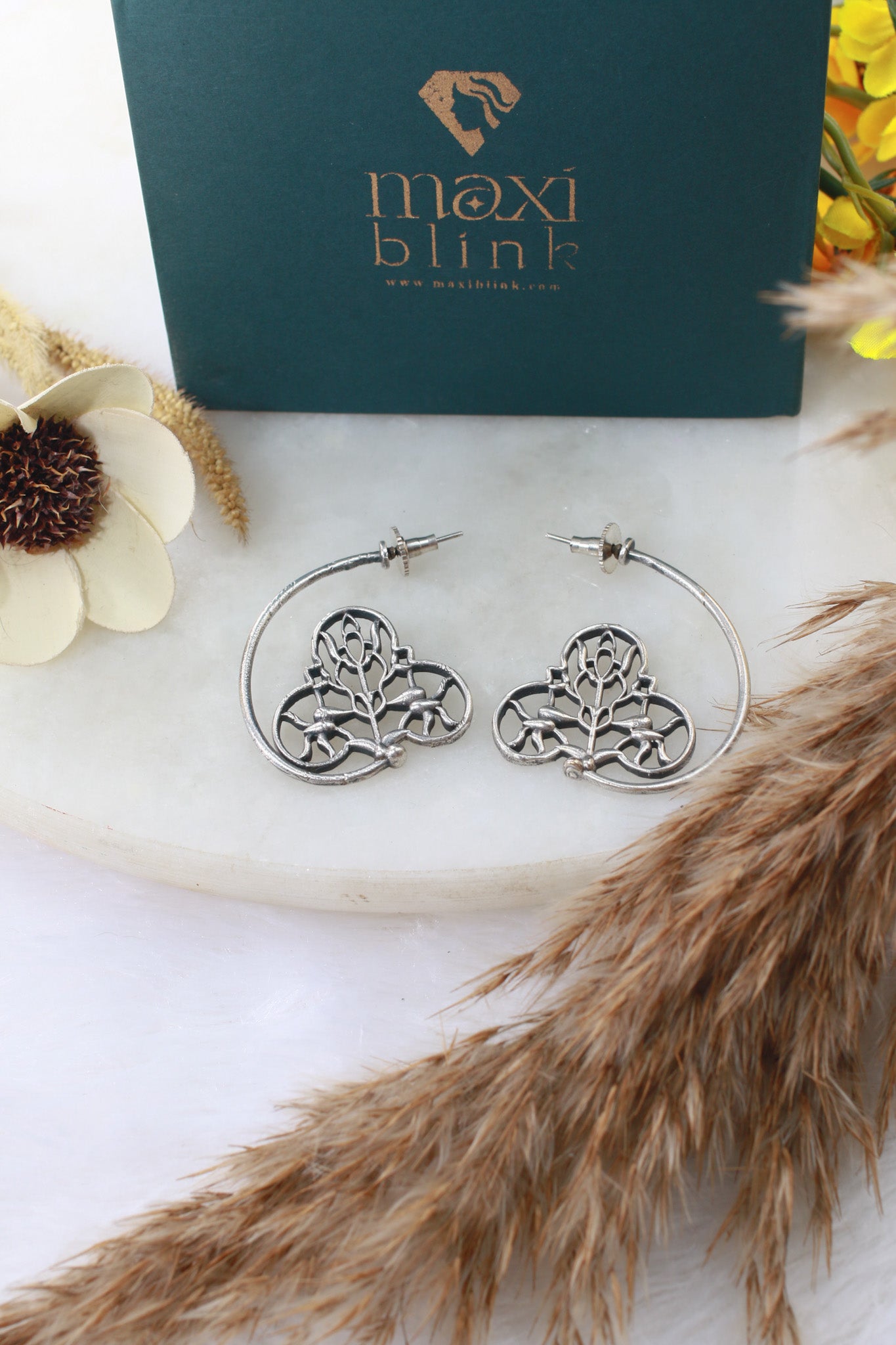 Floral Filigree Crescent Oxidised German Silver Earrings | Artistic Antique Statement Earrings