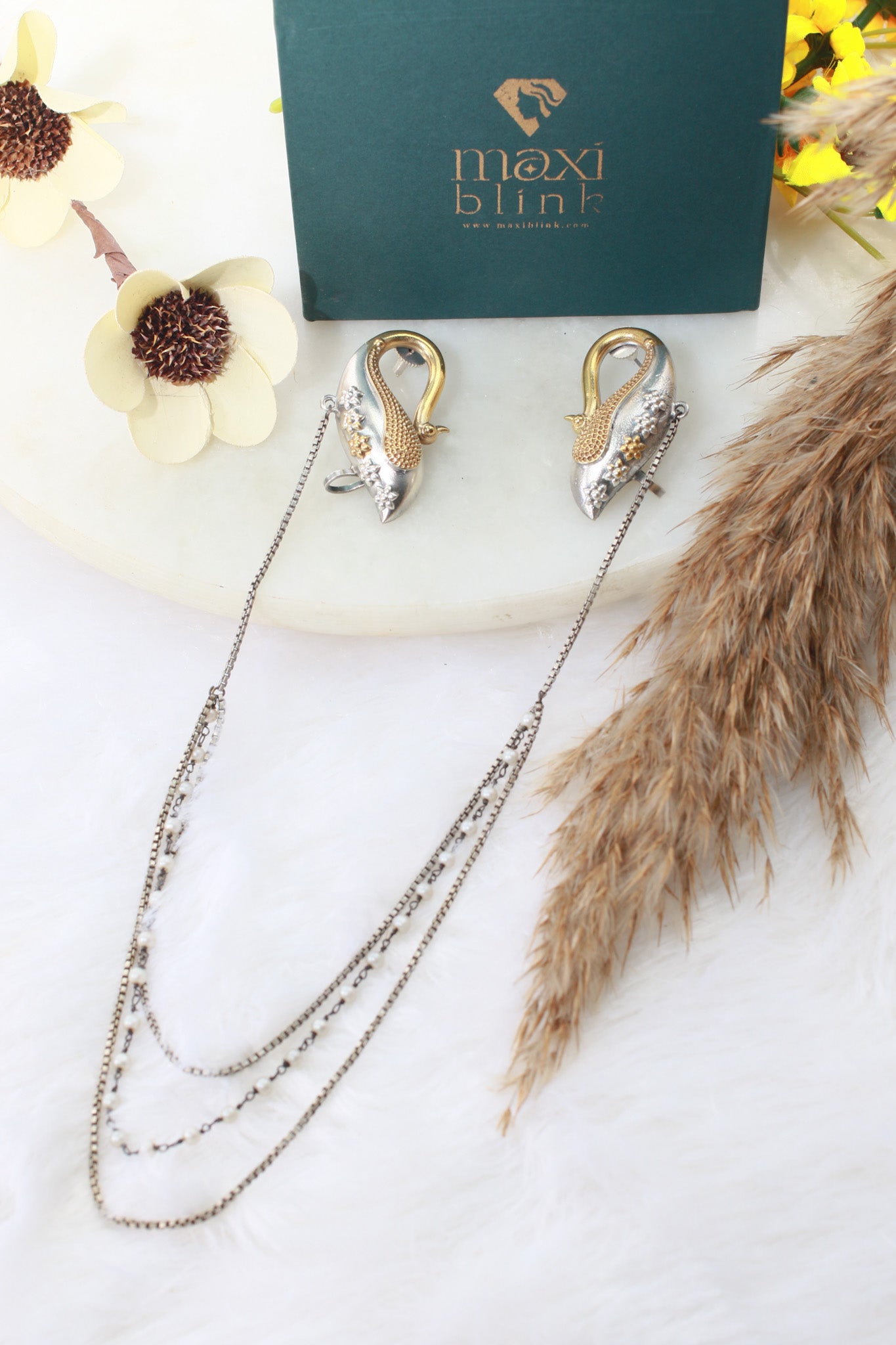 Dual Tone Peacock Oxidised German Silver Ear Cuff with Multi-Layer Chains | Statement Festive Ear Cuff