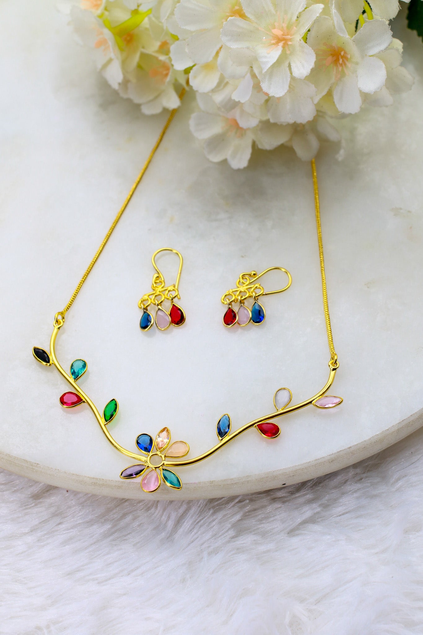 Natural Stone Multicolour Floral Necklace Set – One-of-a-Kind | Brass Gold Plated | Anti-Tarnish – anti-tarnish necklace set for women India – MaxiBlink