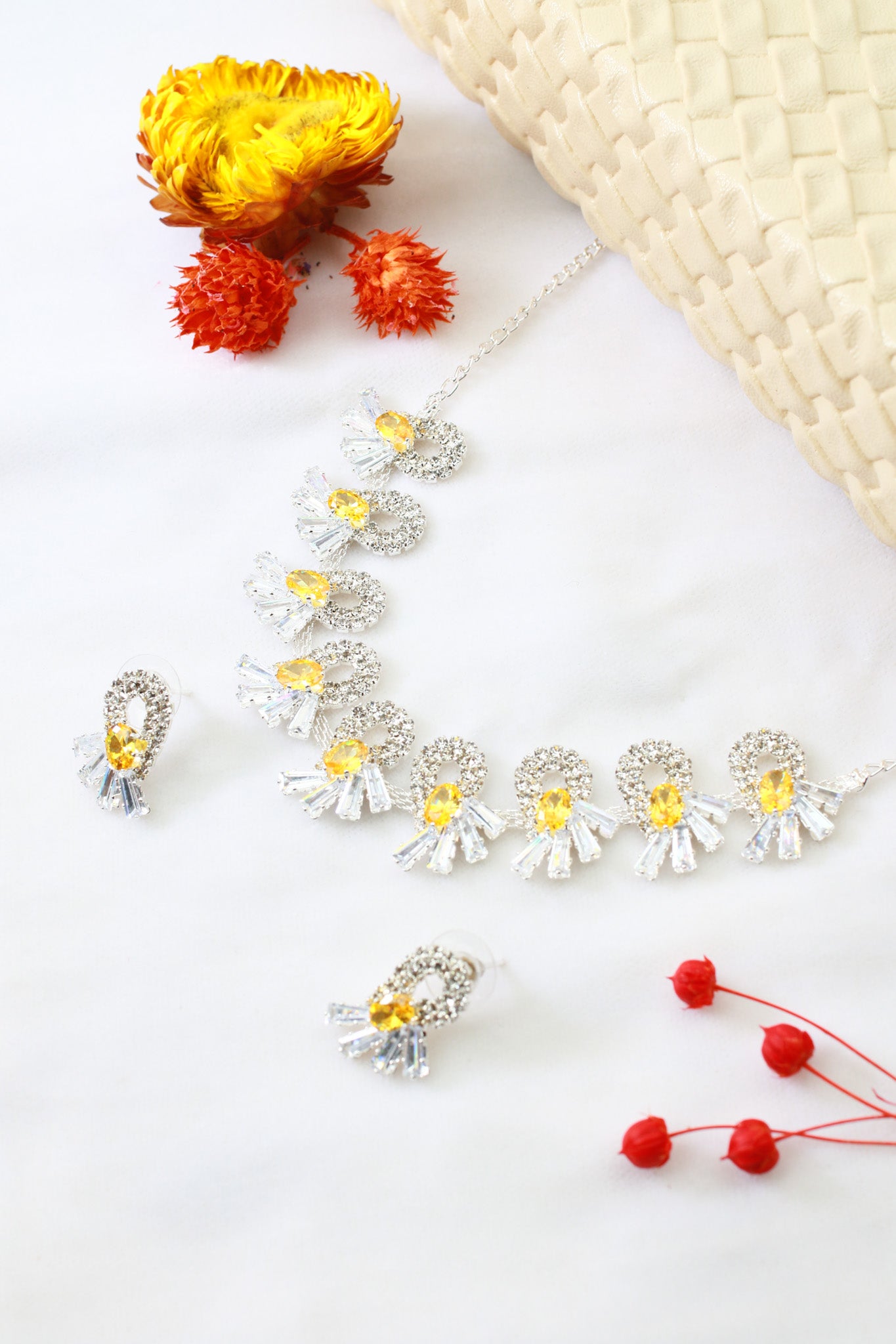 Yellow Korean Glass Stone Necklace Set with Earrings | Premium Crystal Jewellery – necklace set for women India – MaxiBlink