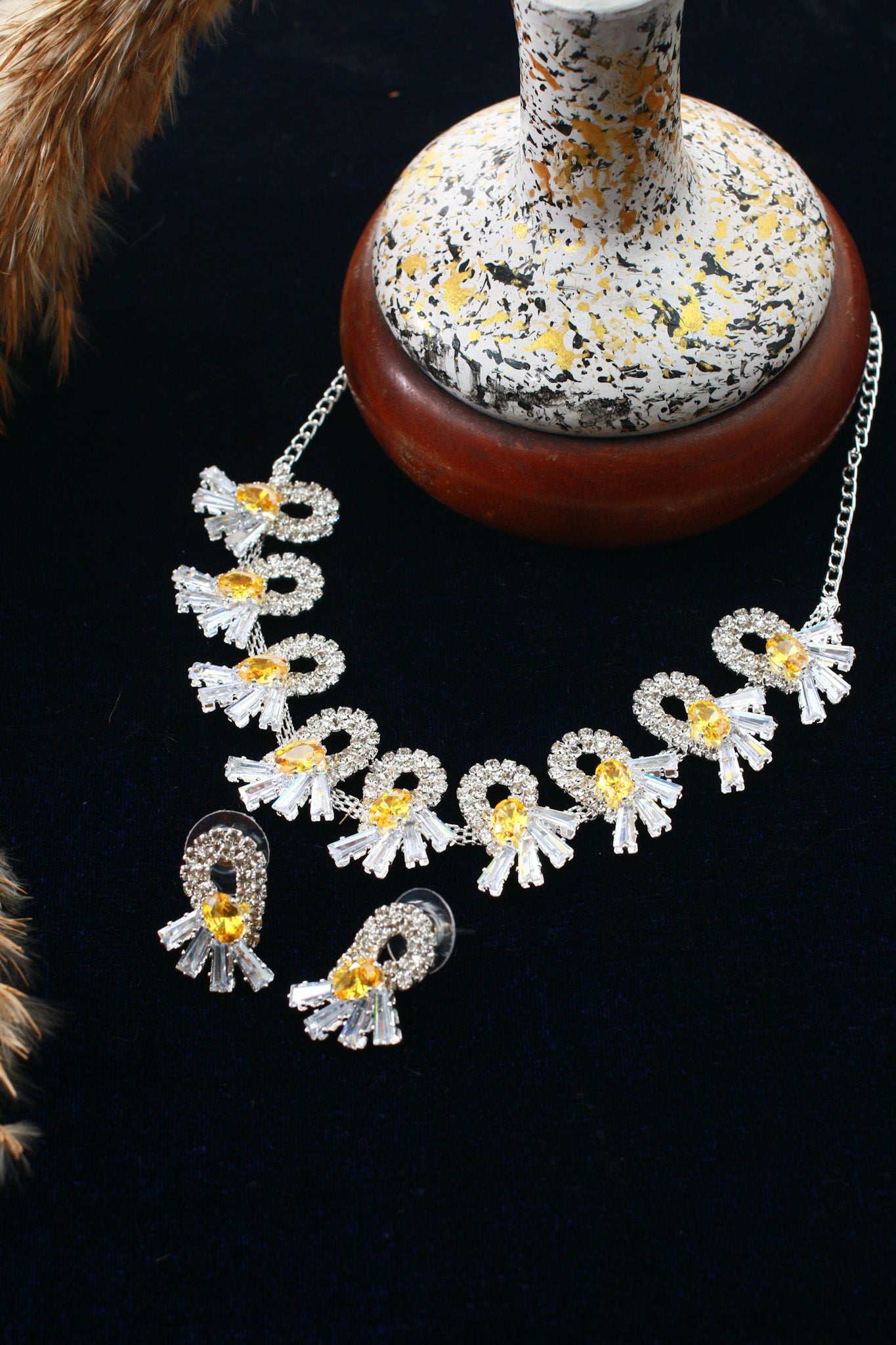 Yellow Korean Glass Stone Necklace Set with Earrings | Premium Crystal Jewellery – necklace set for women India – MaxiBlink