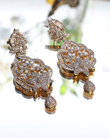 Classic Tear-Drop Leaf Motif AD Earrings with CZ Detailing