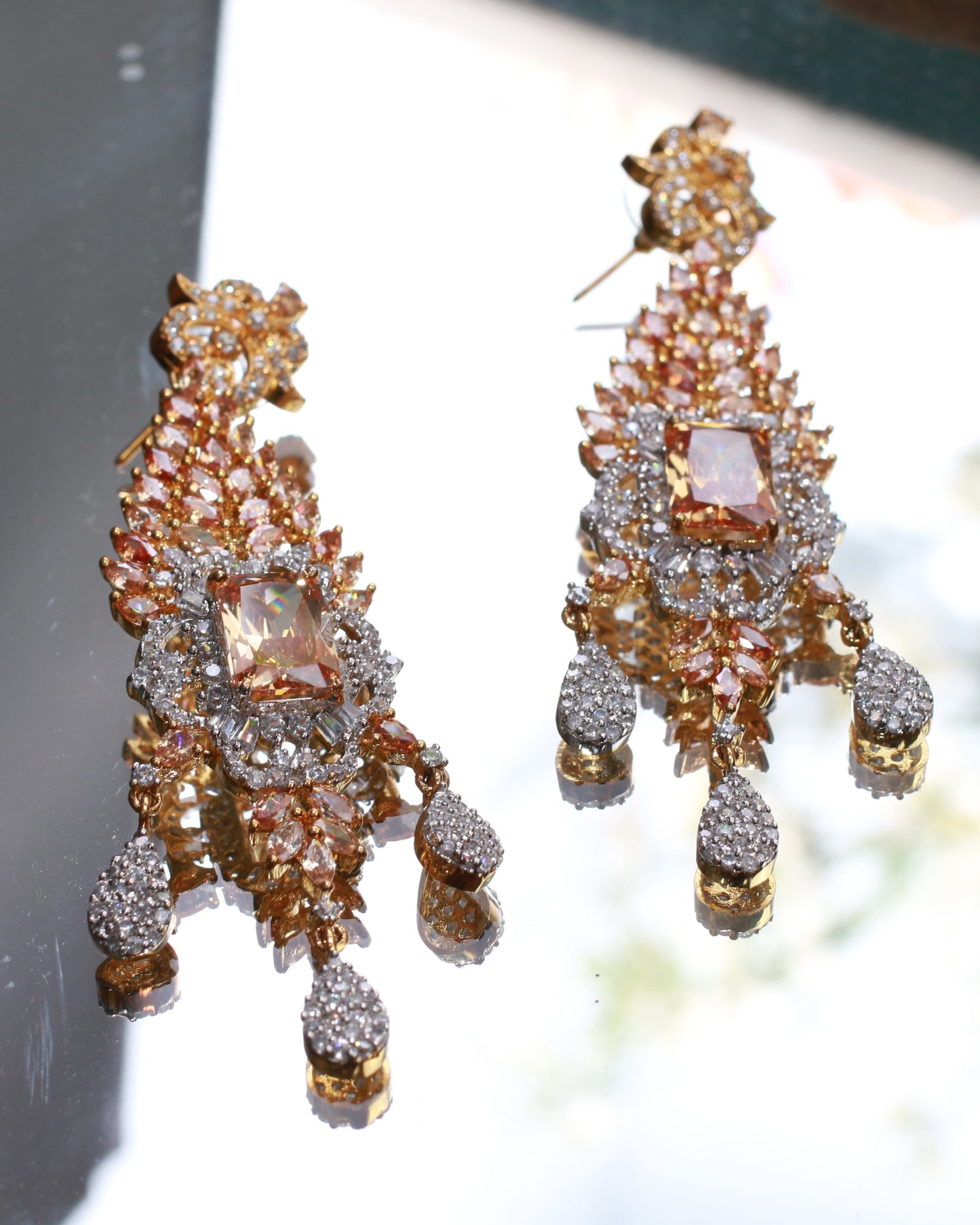 Premium AD Earrings with Amber Marquise & Princess Cut Stones