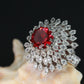 Bold Ruby Red Floral Ring with CZ Halo