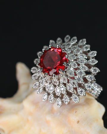 Bold Ruby Red Floral Ring with CZ Halo