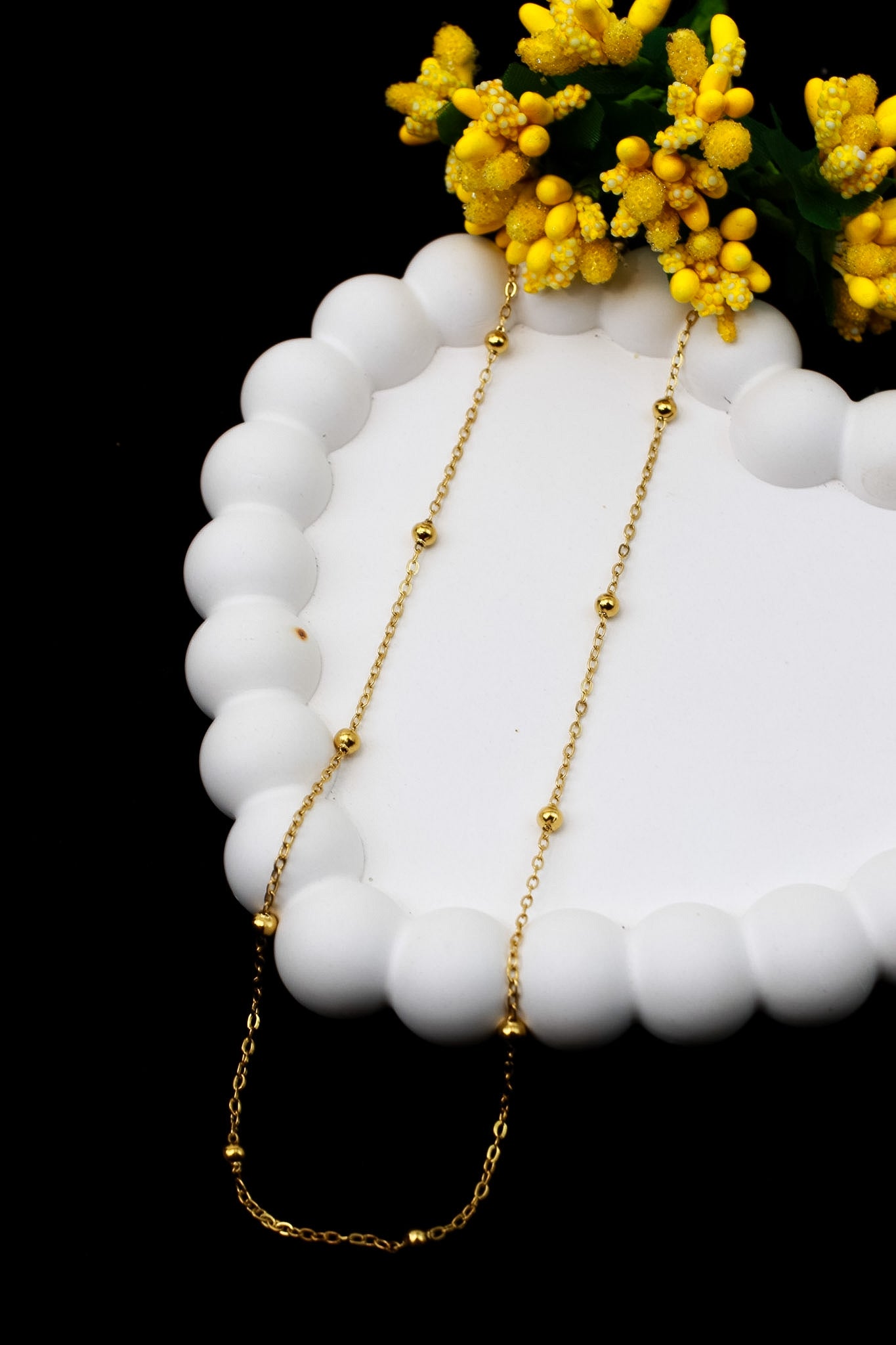 Dainty gold bead station chain necklace, 18K gold plated – full length view
