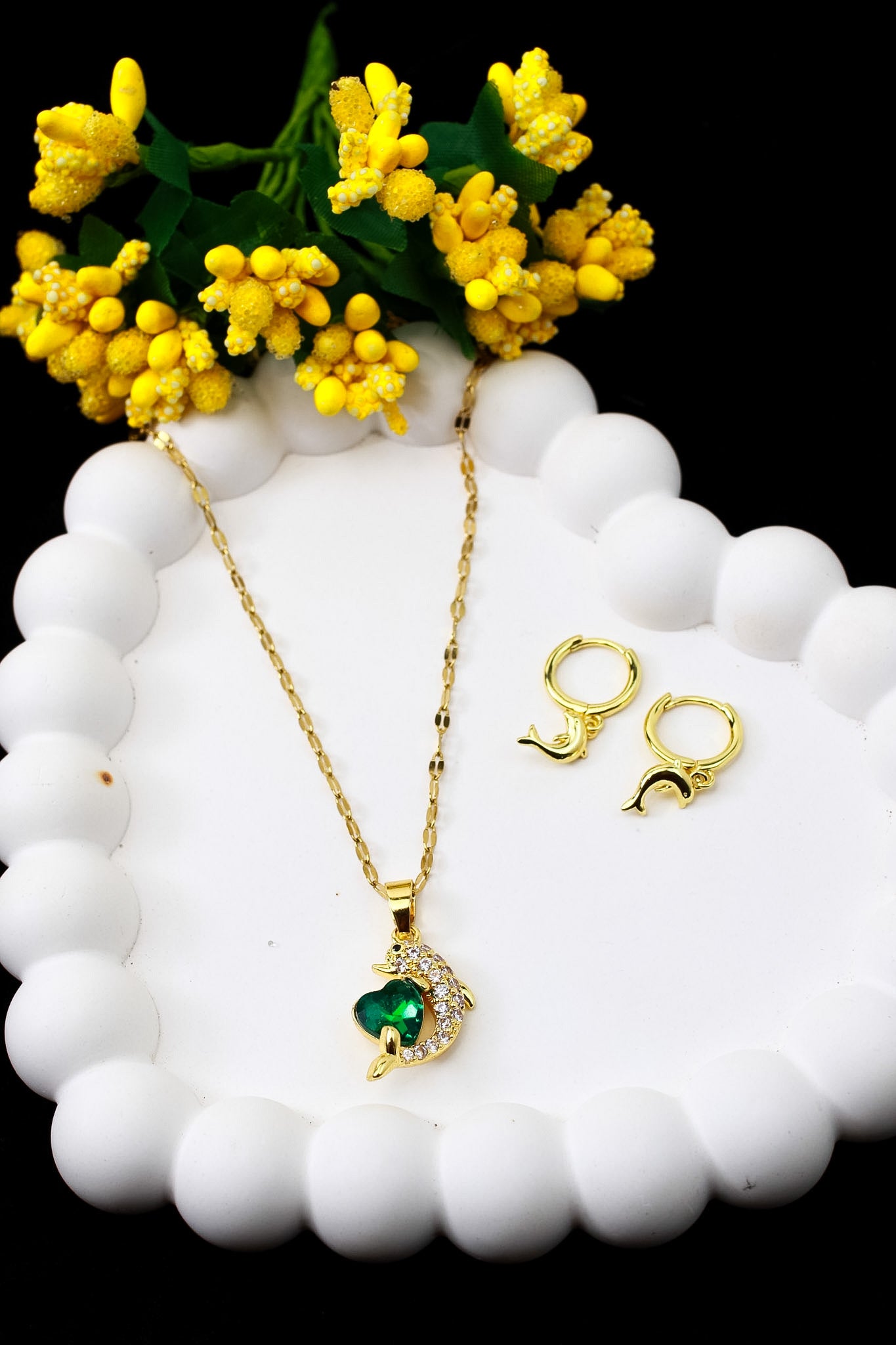 Dolphin heart zircon pendant necklace and matching earrings set, gold plated – full length view