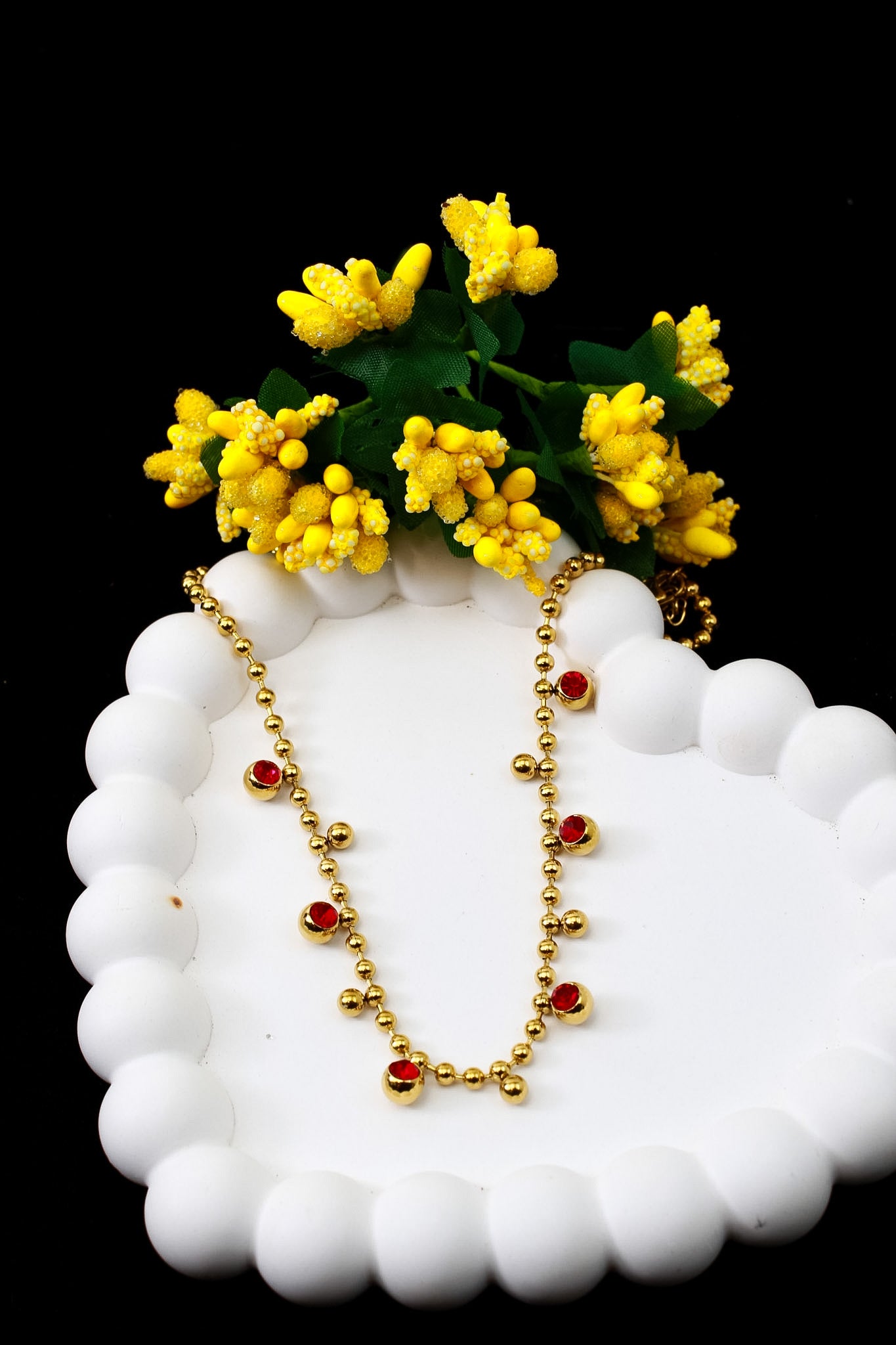 Red crystal ball chain necklace, gold plated titanium steel – full length view