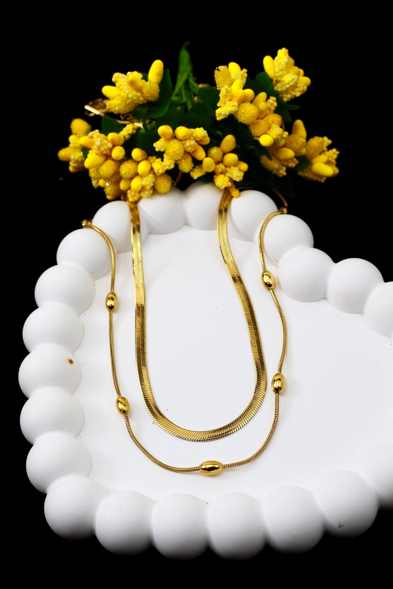 Layered snake chain necklace and earrings set, gold plated, waterproof – full length view