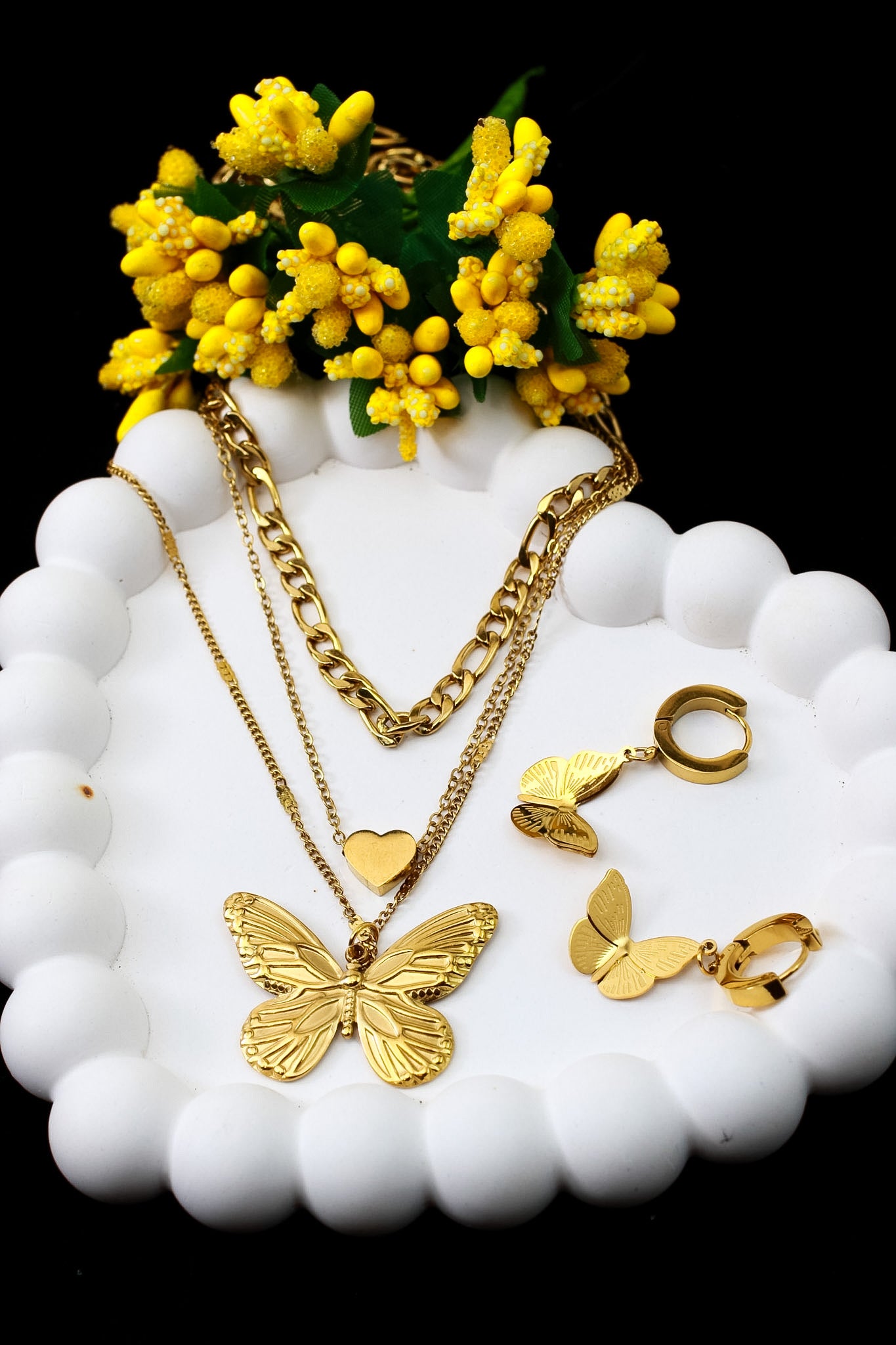Layered butterfly pendant necklace and matching butterfly earrings set, 18K gold plated – clasp and chain detail