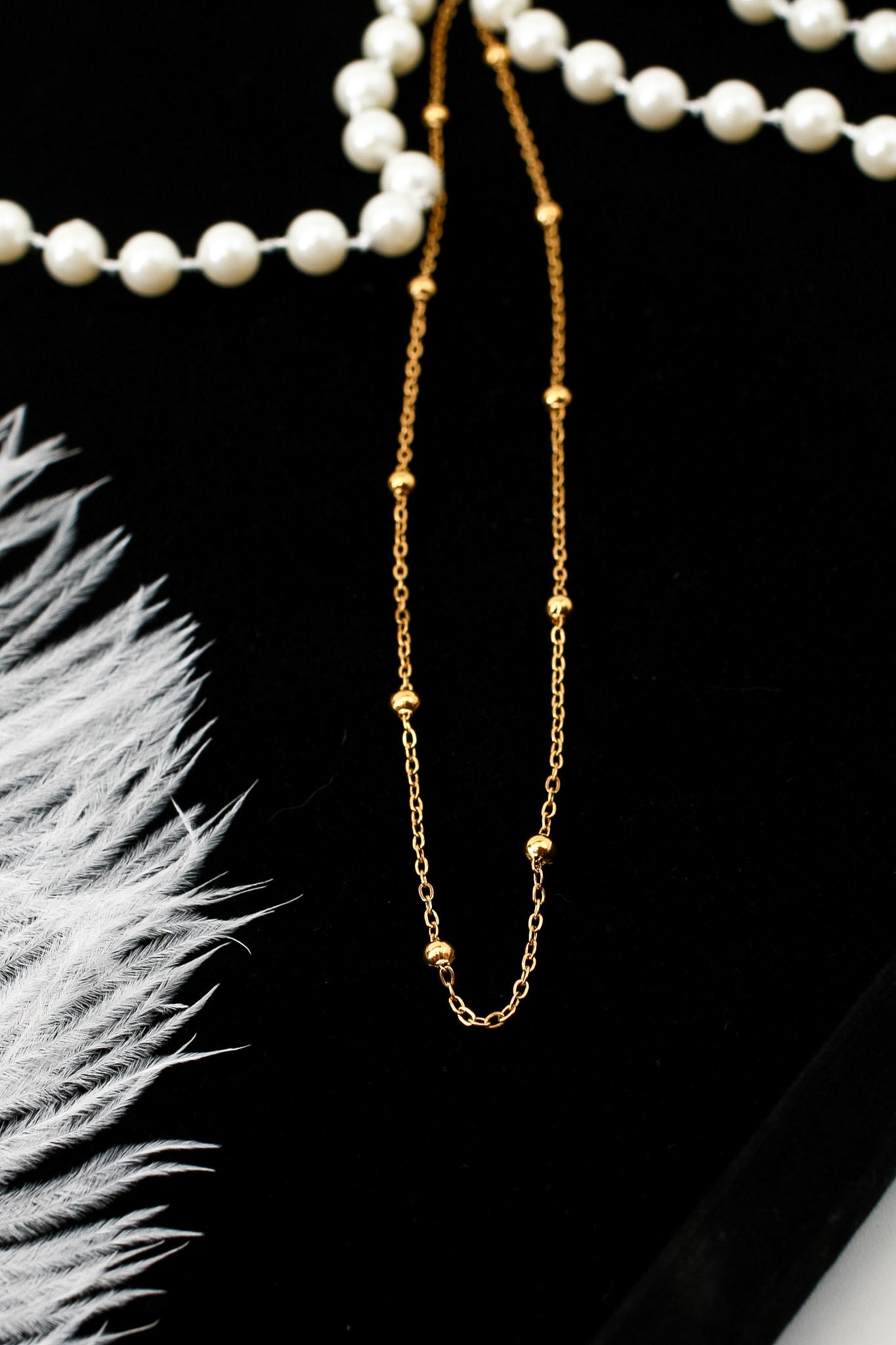 Dainty gold bead station chain necklace, 18K gold plated – additional angle