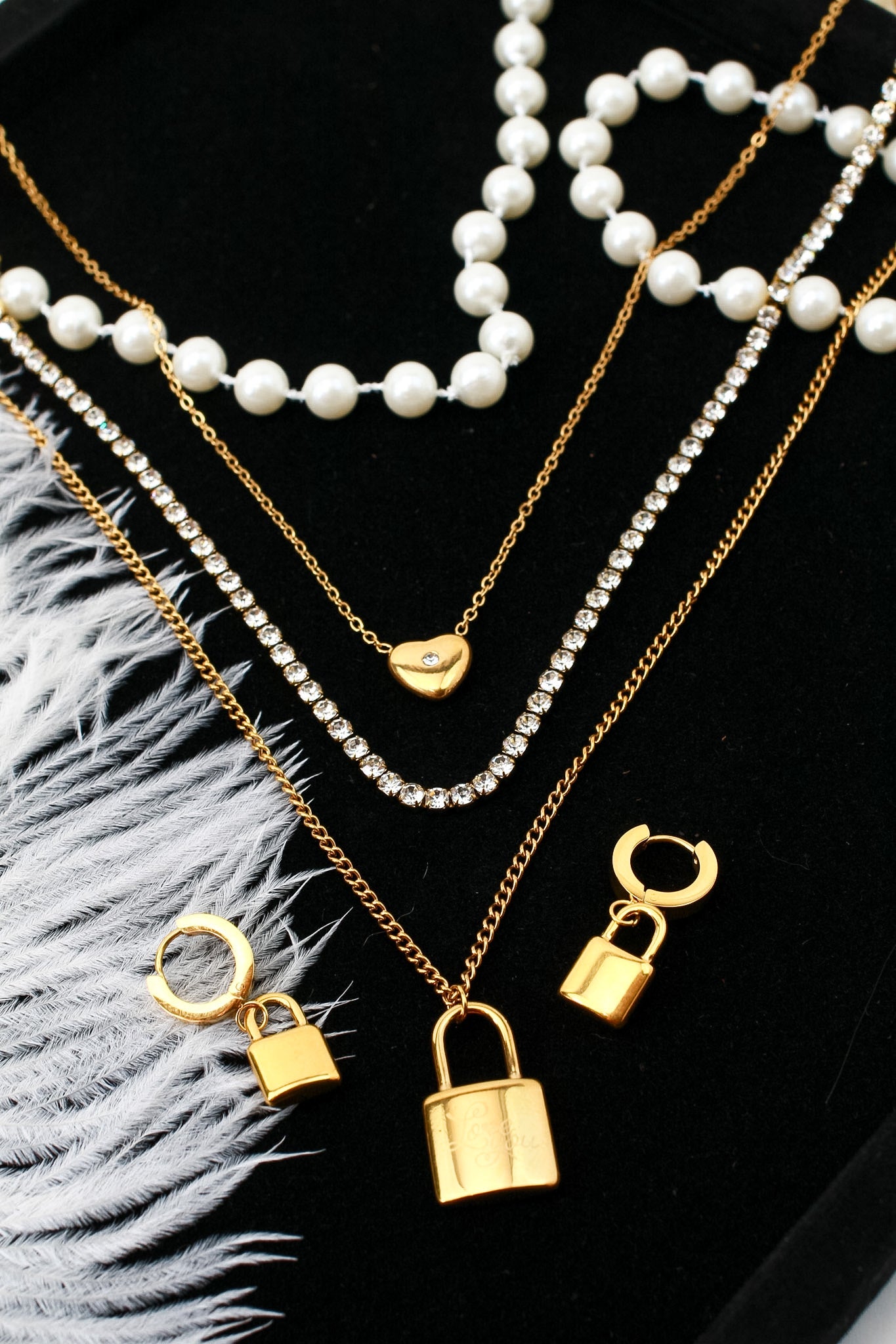 Love lock layered necklace and matching lock drop earrings set, 18K gold plated – full length view