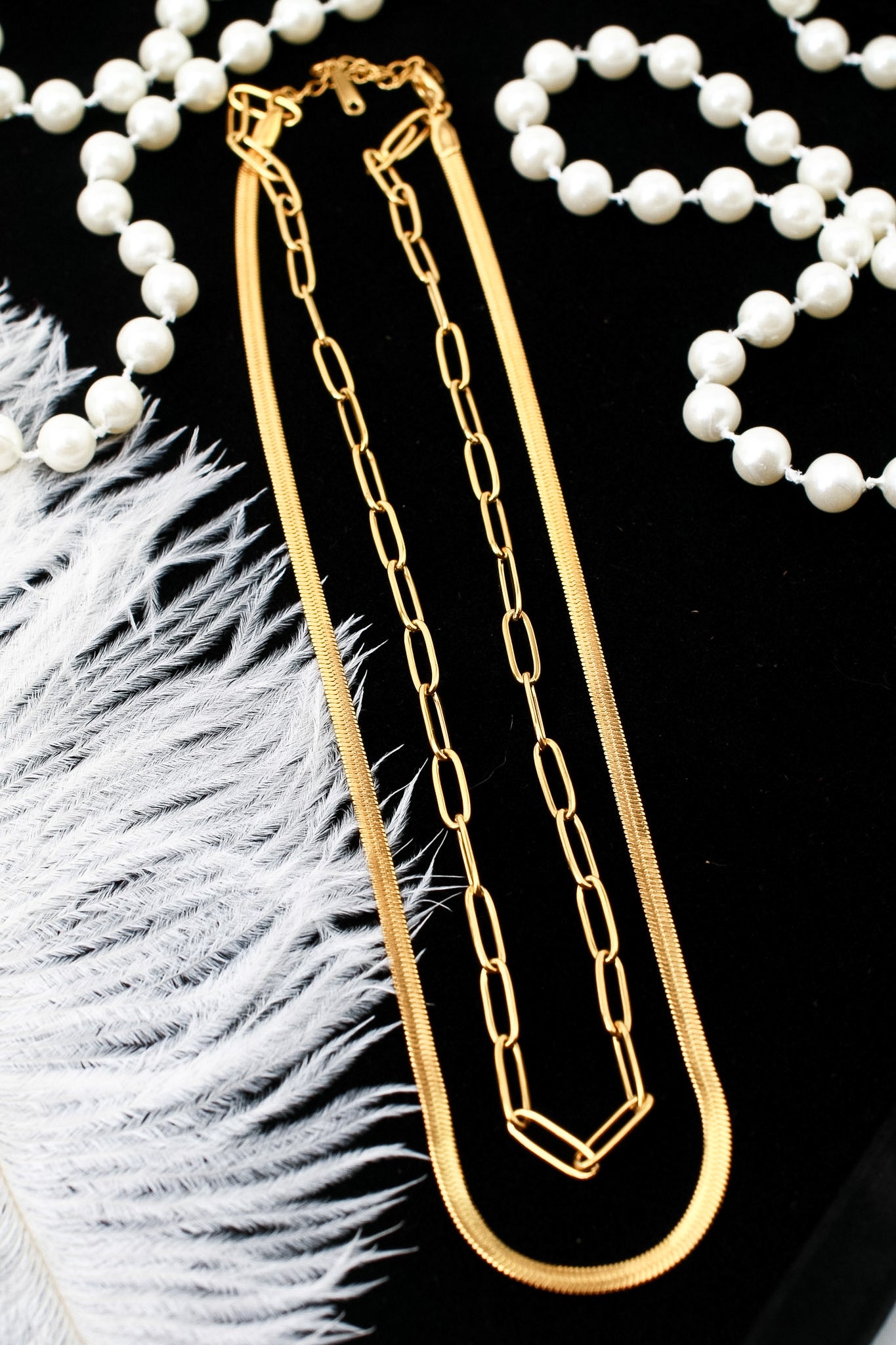 Double layer paperclip and snake chain necklace, 18K gold plated – full length view