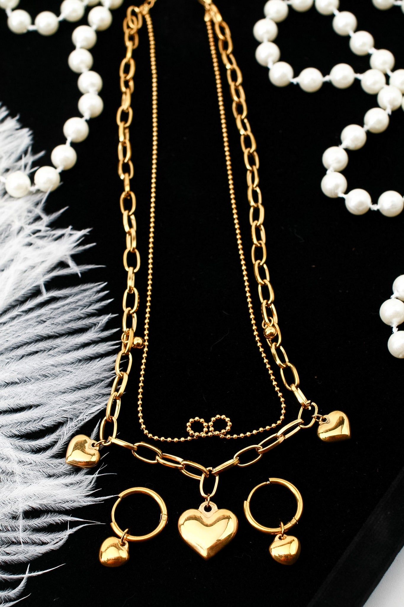 Double layer heart necklace and matching small circle heart earrings set, 18K gold plated – full length view