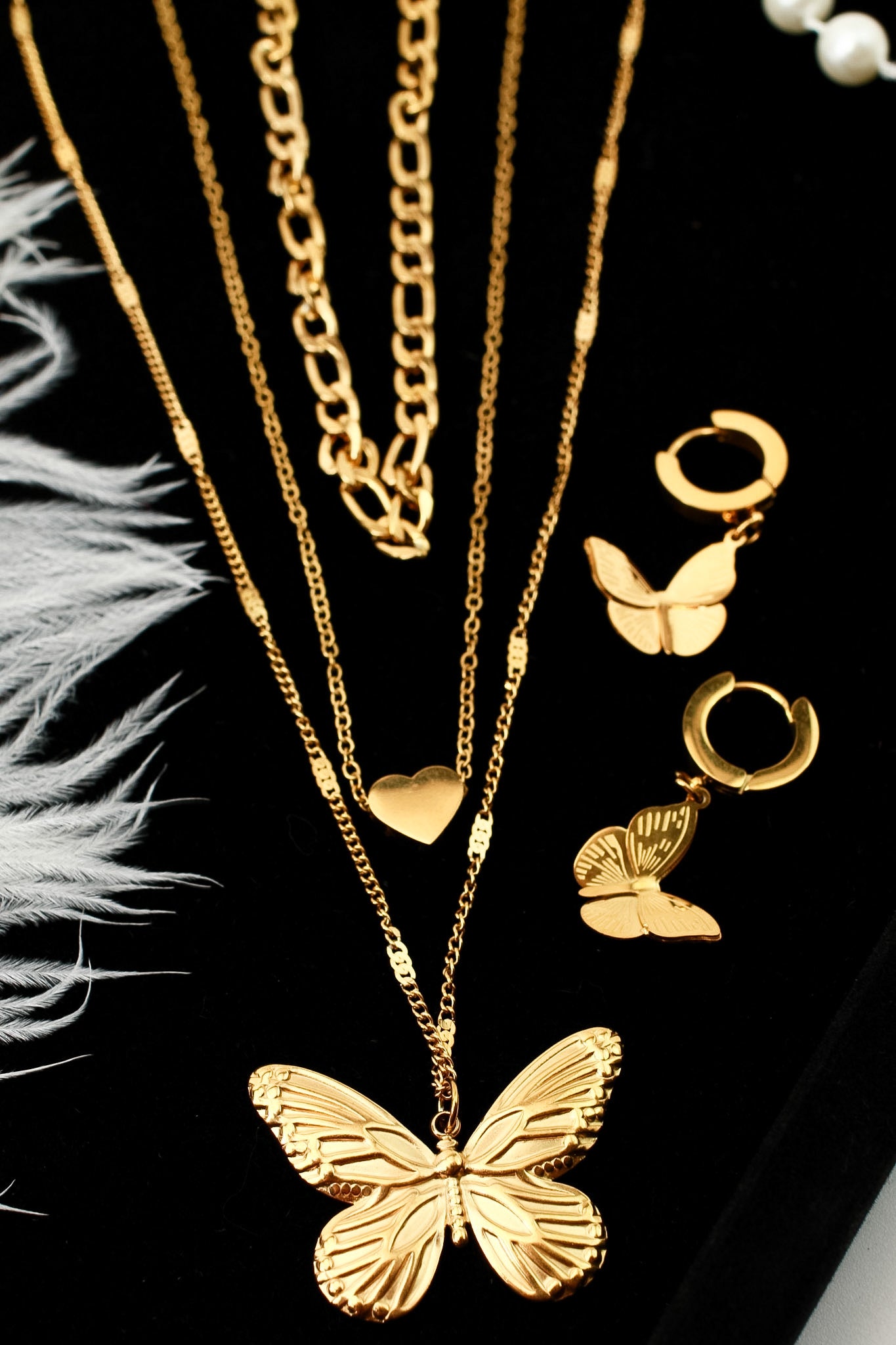 Layered butterfly pendant necklace and matching butterfly earrings set, 18K gold plated – full length view