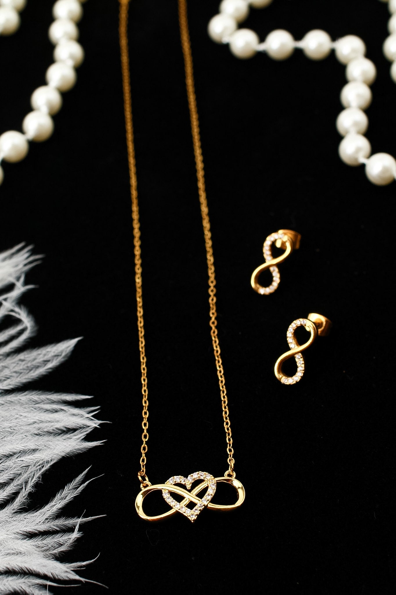 Heart accent infinity pendant necklace and matching stud earrings set, 18K gold plated – additional angle