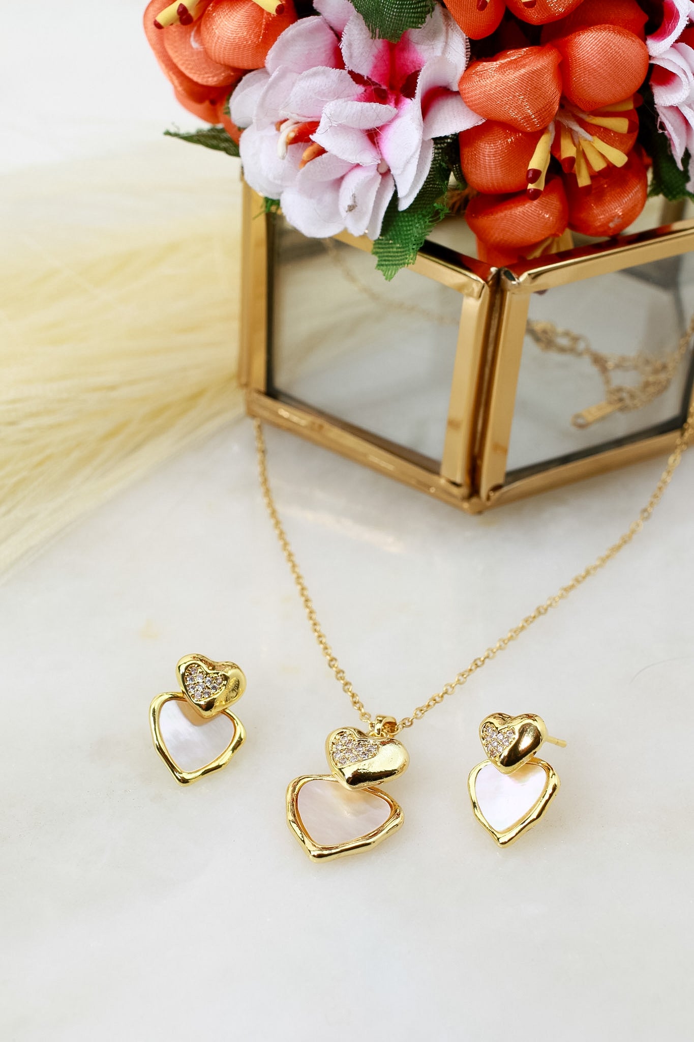 Heart pendant necklace and matching heart stud earrings set, 18K gold plated – full length view