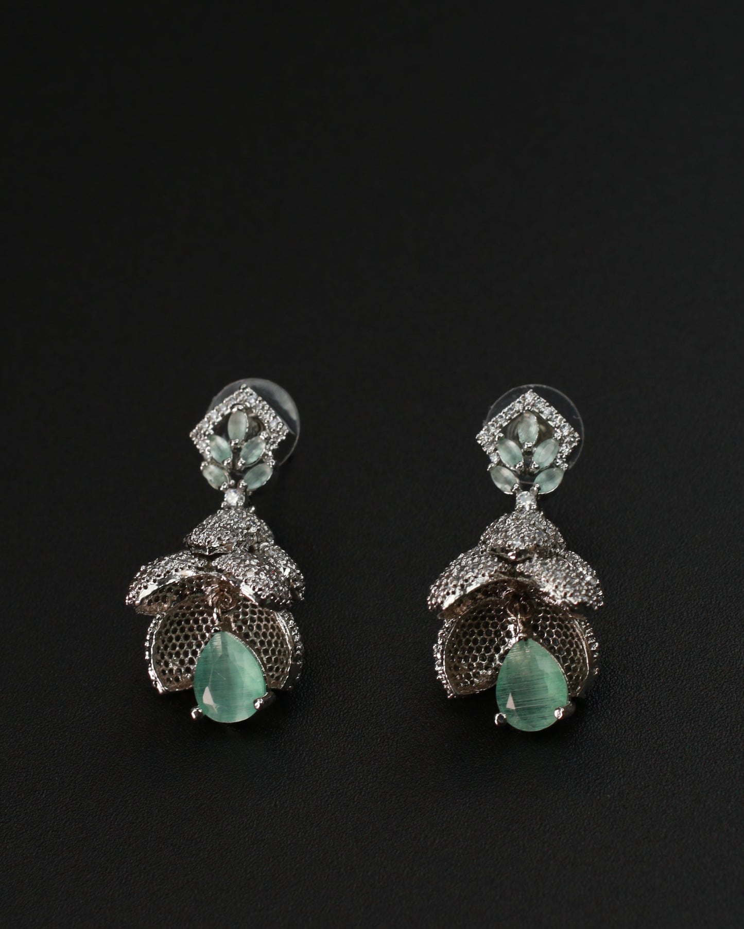Floral Drop Earrings with Mint Green Gemstone & Pave CZ – Designer Statement Jewelry