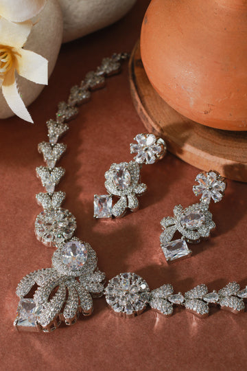 Princess Cut White Floral Necklace Set