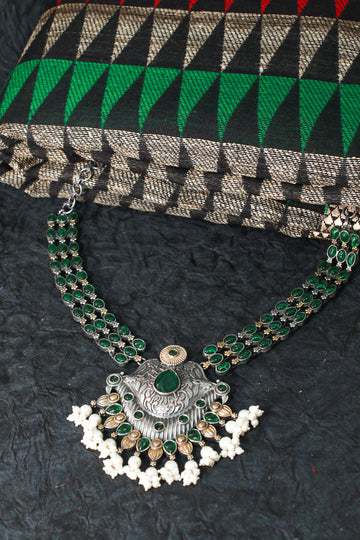 Traditional Green Stone Oxidised Pendant Necklace for Women