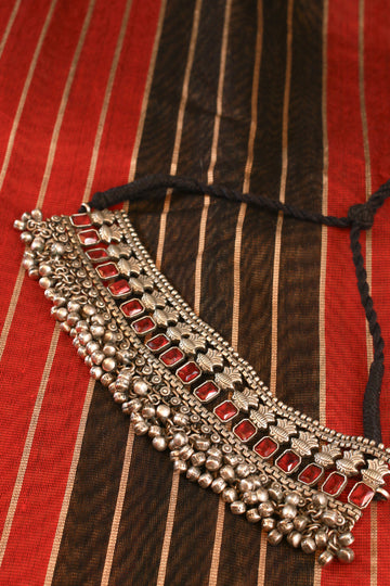 Red Stone Choker with Antique Floral Design for Women