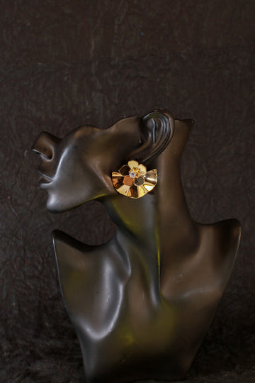 Gold Fan Petal Stud Earrings with Crystal Center – Designer Anti-Tarnish Finish